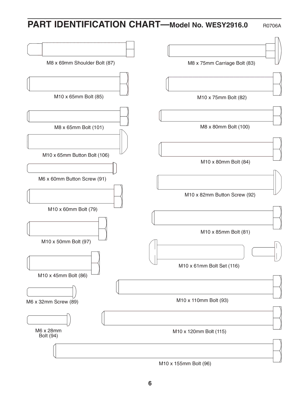 Weider user manual Part Identification CHART-Model No. WESY2916.0 R0706A 