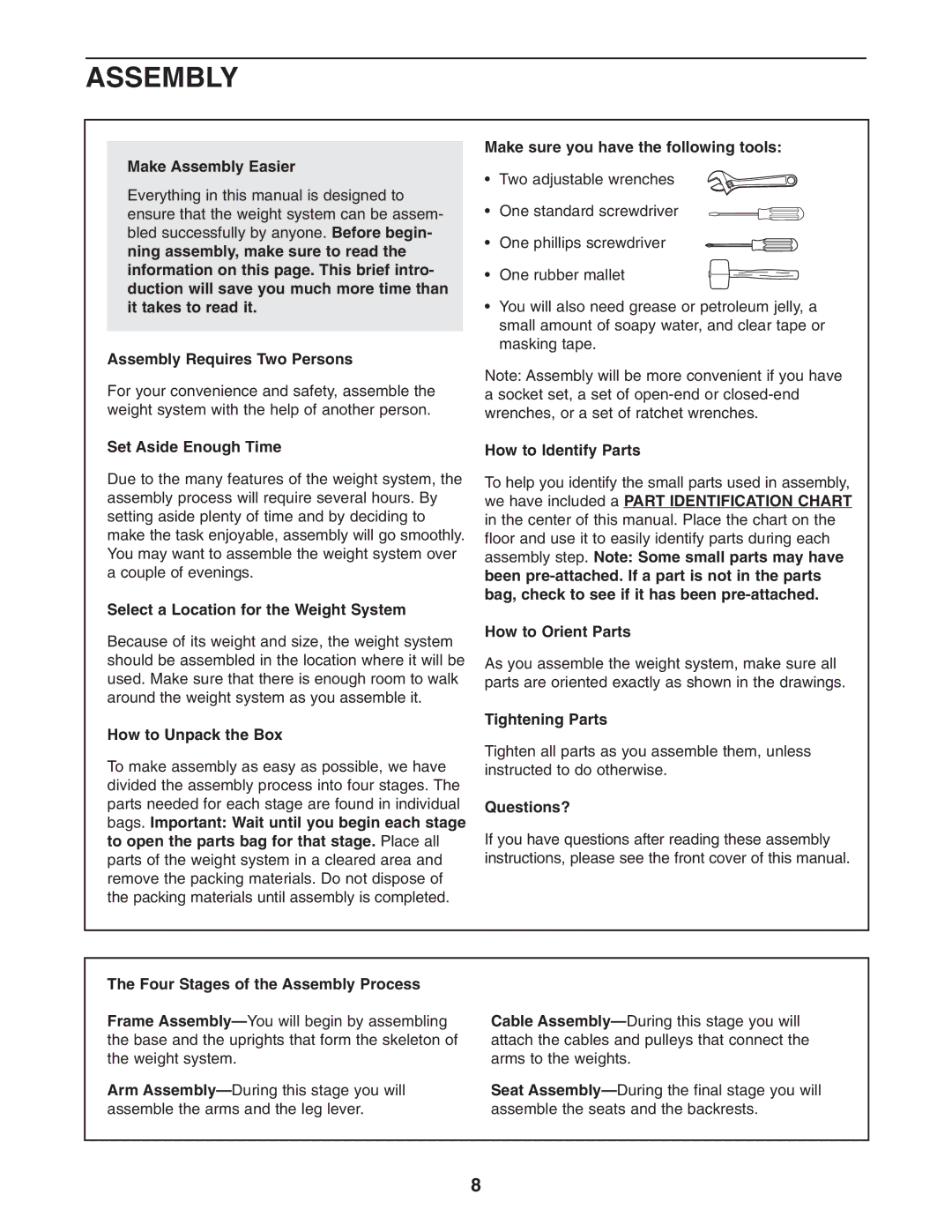 Weider WESY2916.0 user manual Assembly 