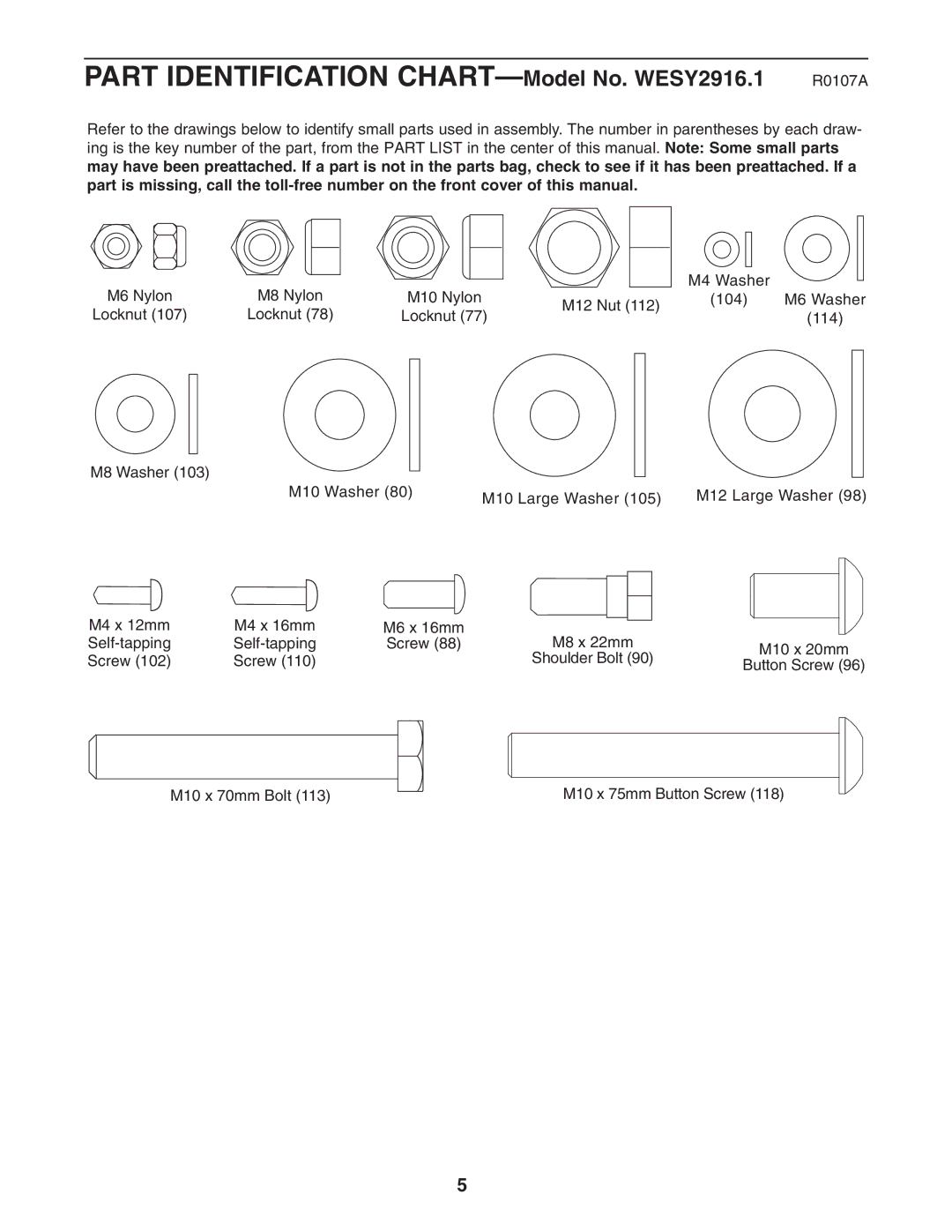 Weider user manual Part Identification CHART-Model No. WESY2916.1 R0107A 