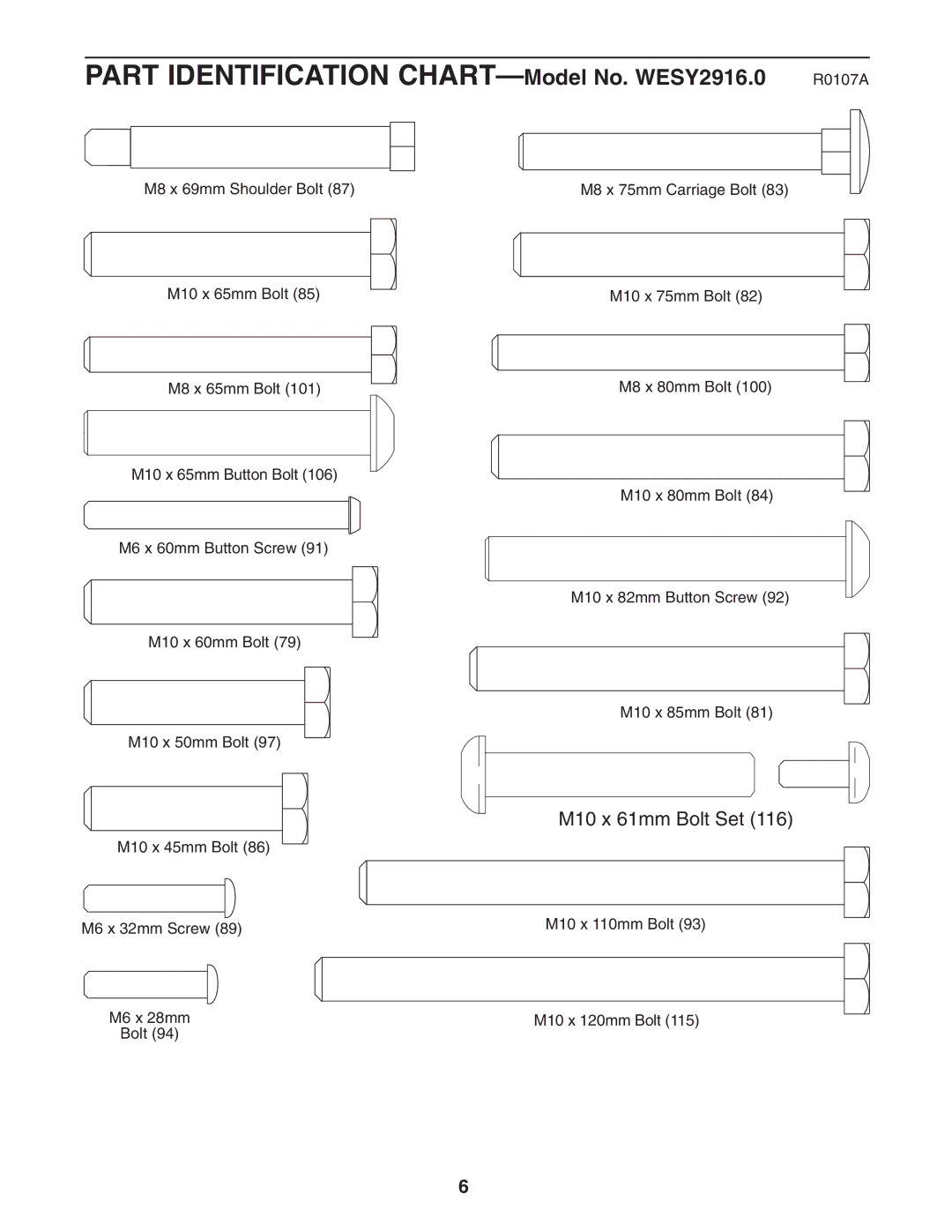 Weider WESY2916.1 user manual Part Identification CHART-Model No. WESY2916.0 R0107A 