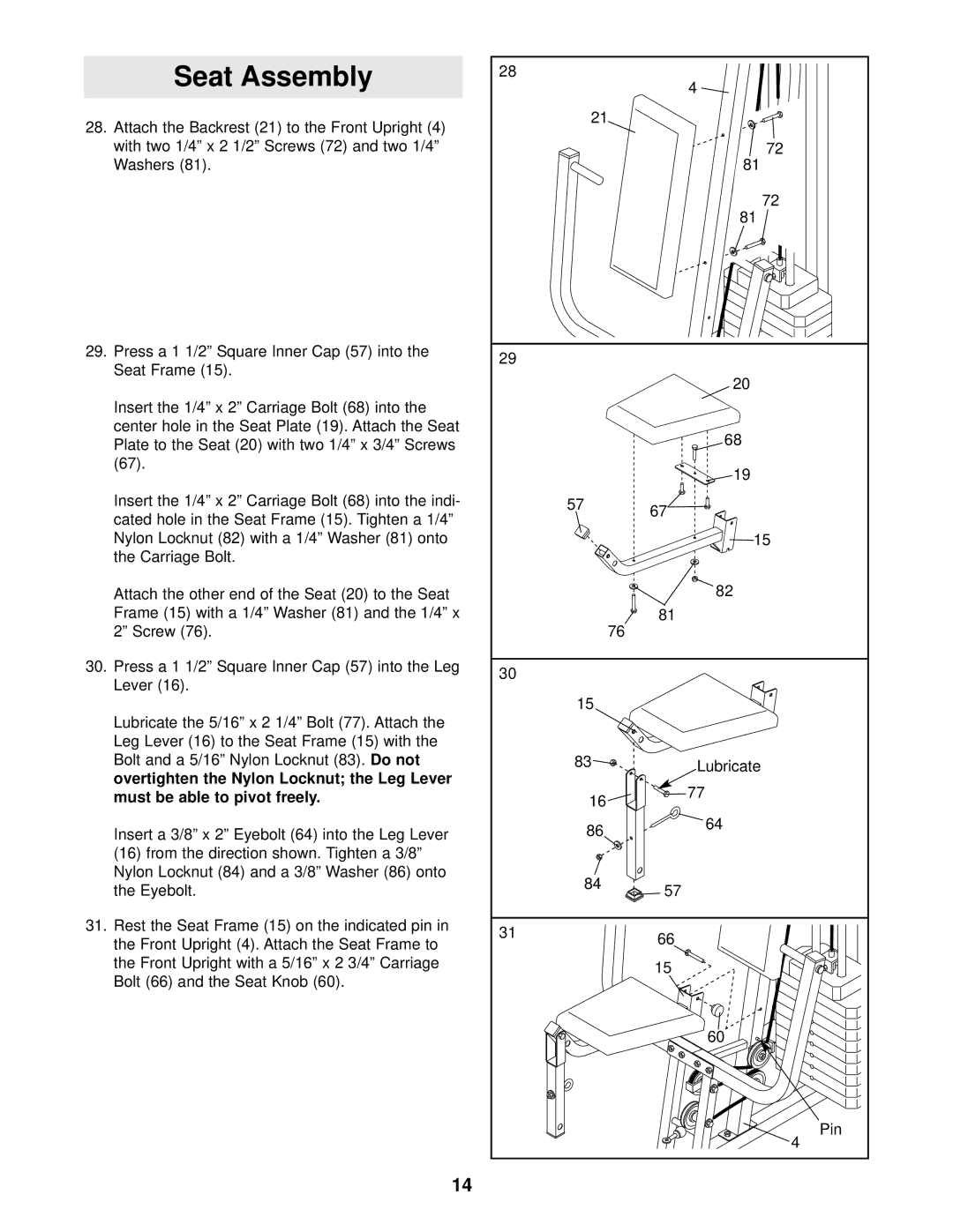 Weider WESY29510 user manual Seat Assembly 