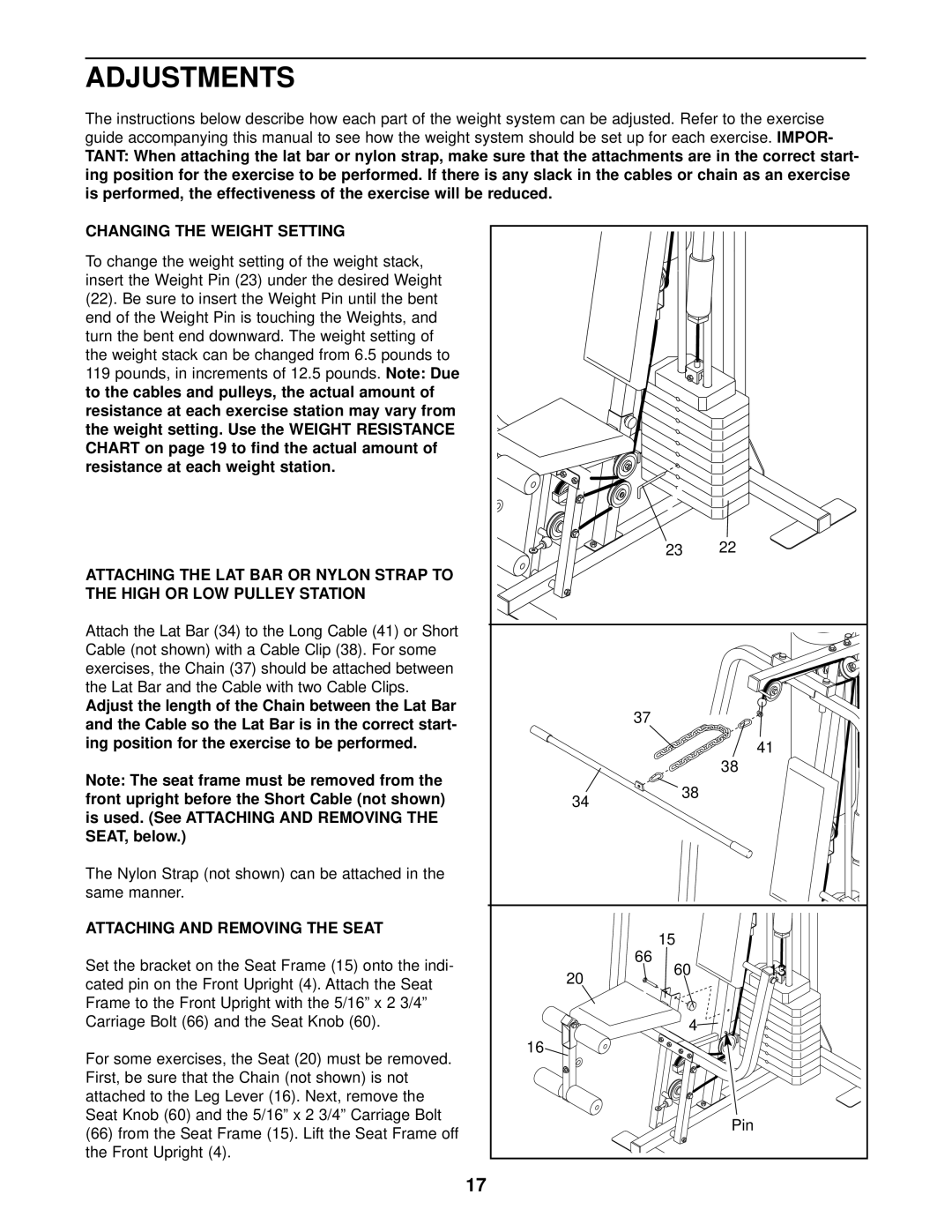 Weider WESY29510 user manual Adjustments, Changing the Weight Setting, Attaching and Removing the Seat 