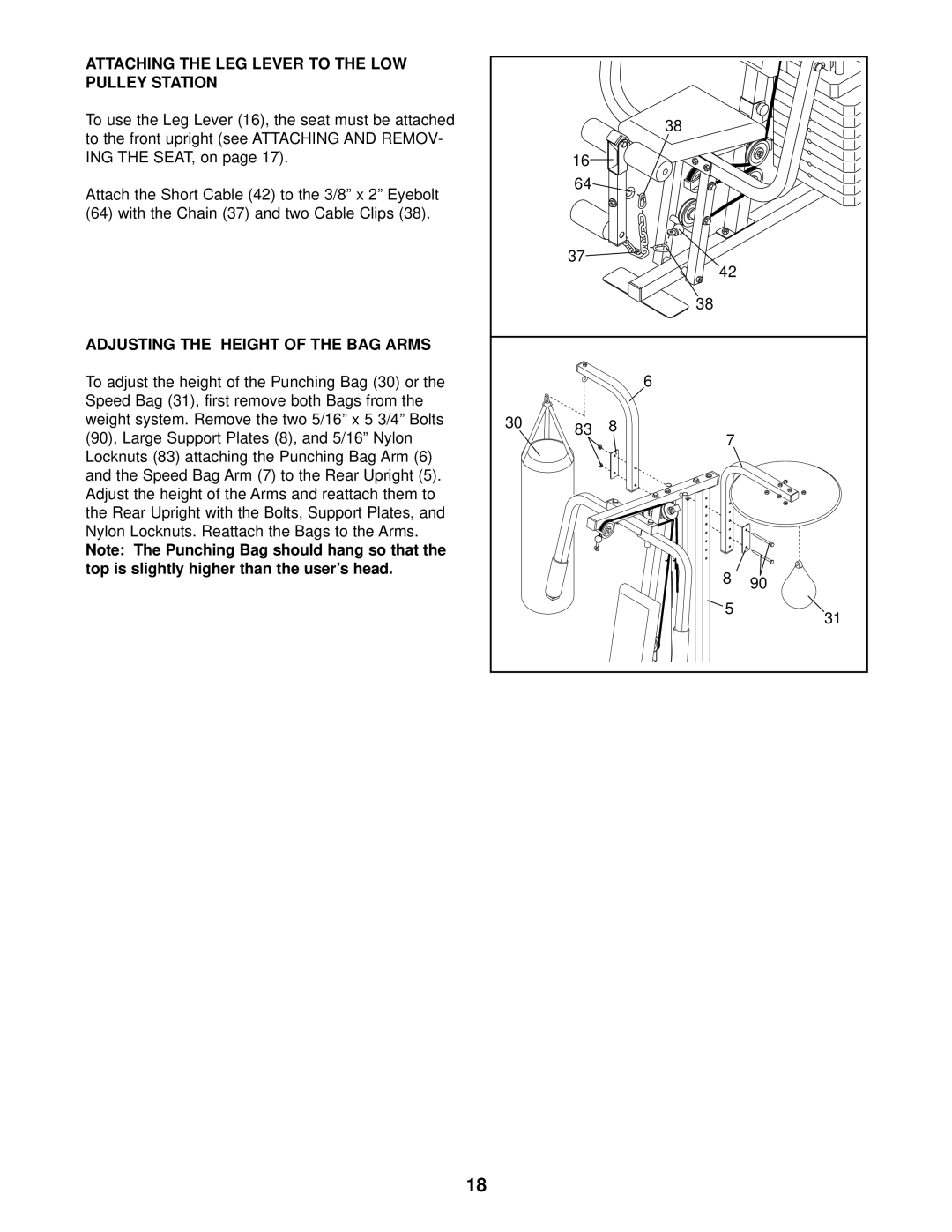 Weider WESY29510 user manual Attaching the LEG Lever to the LOW Pulley Station, Adjusting the Height of the BAG Arms 