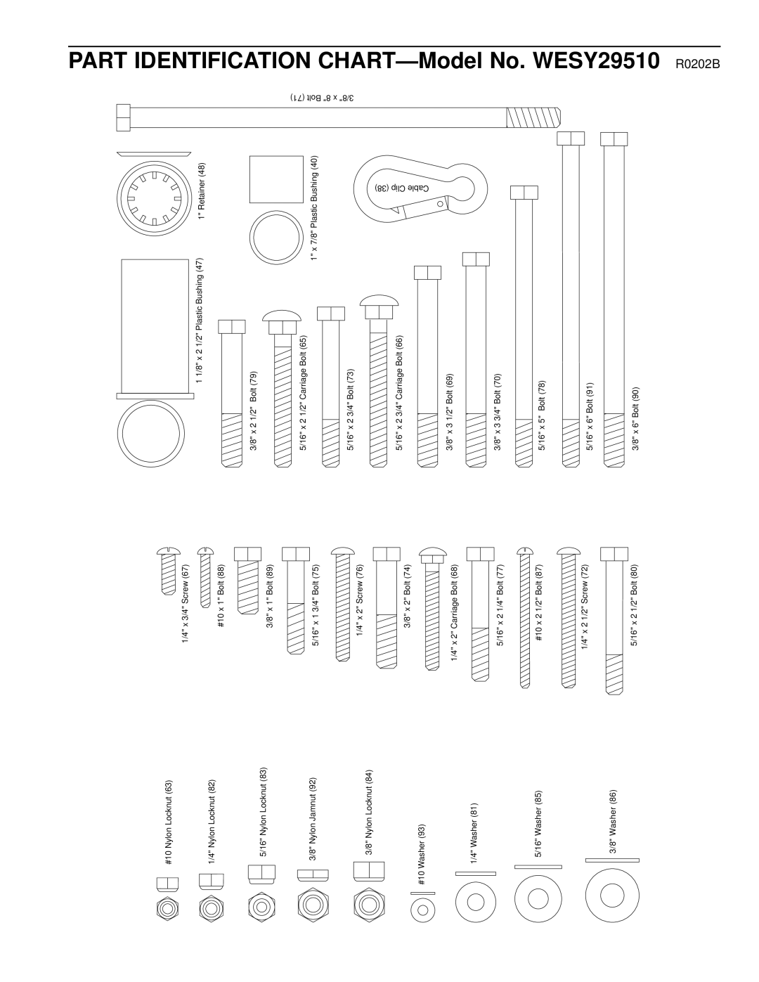 Weider user manual Part Identification CHART-Model No. WESY29510 