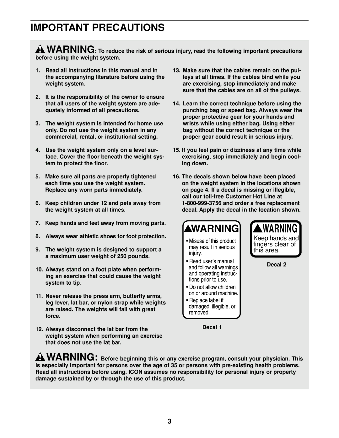 Weider WESY29510 user manual Important Precautions, Decal 