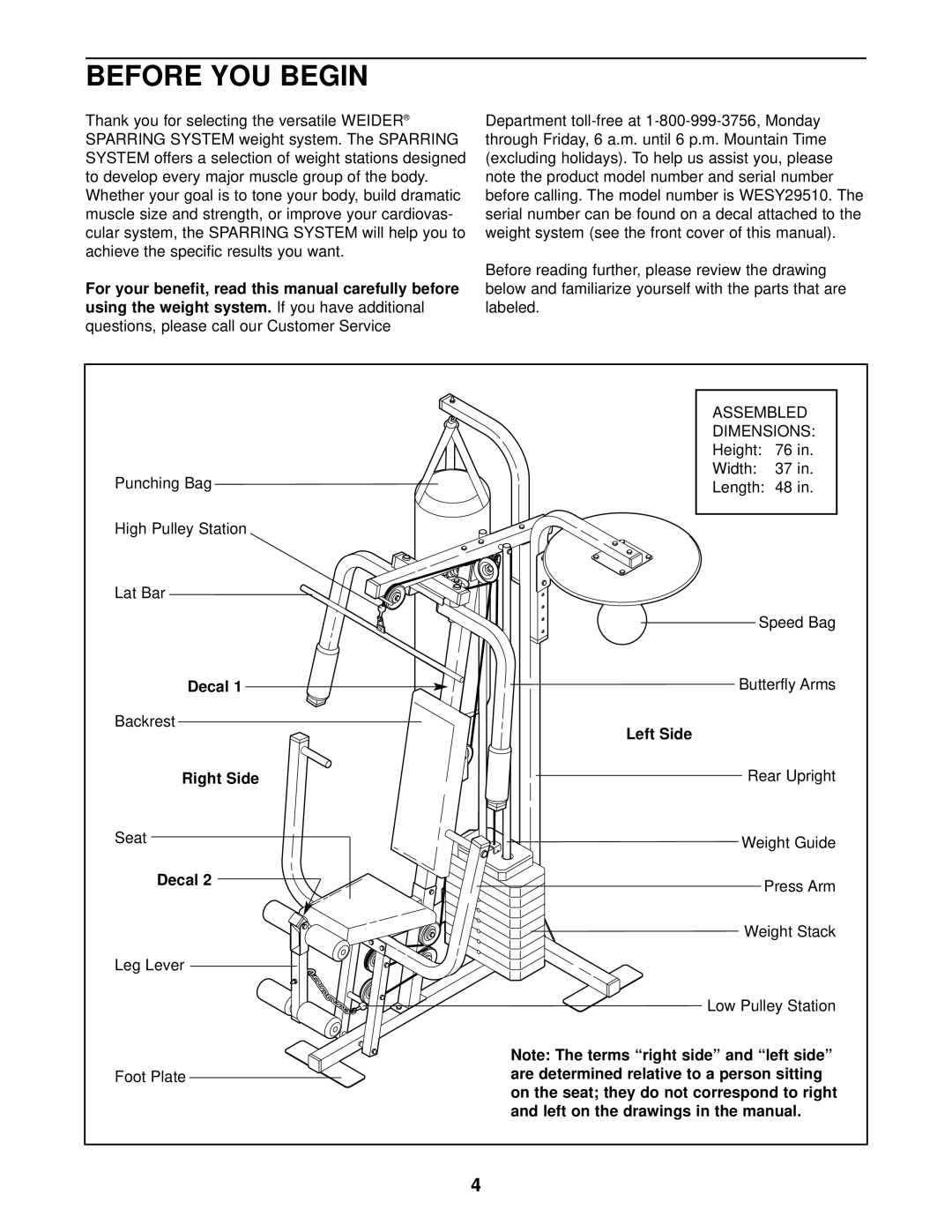 Weider WESY29510 user manual Before YOU Begin, Right Side, Left Side 