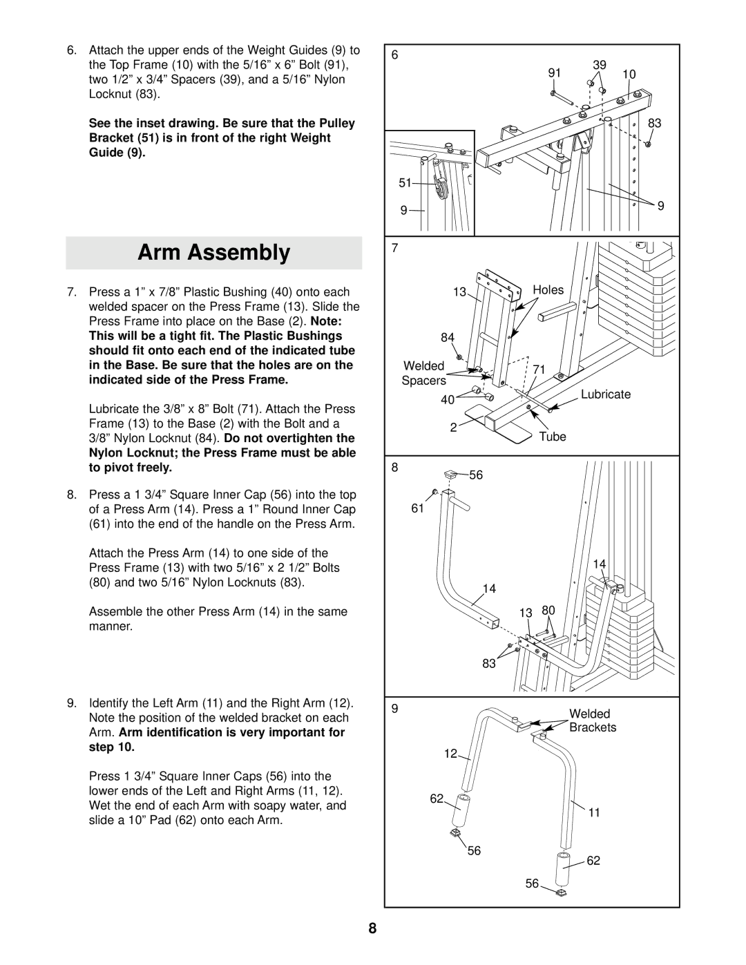 Weider WESY29510 user manual Arm Assembly, Nylon Locknut the Press Frame must be able to pivot freely 