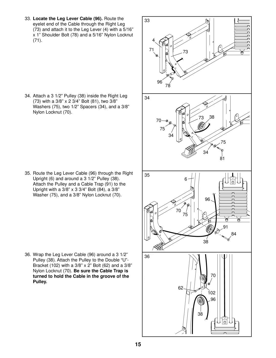 Weider WESY29520 user manual Locate the Leg Lever Cable, Locknut, Pulley, 102 