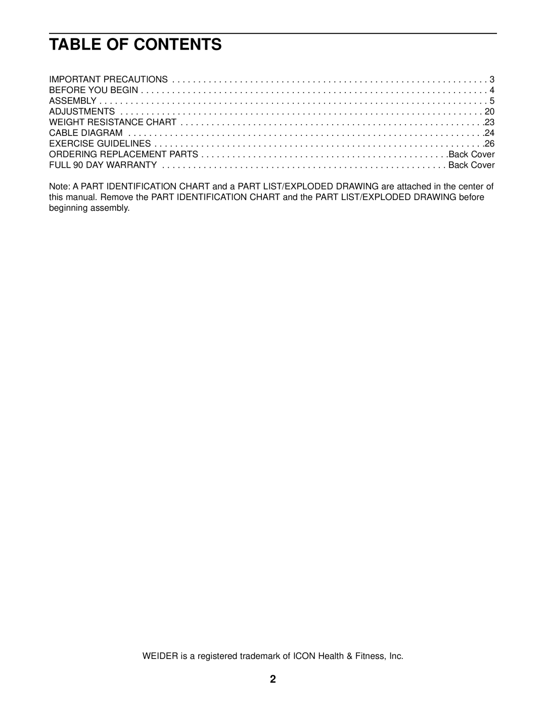 Weider WESY29520 user manual Table of Contents 