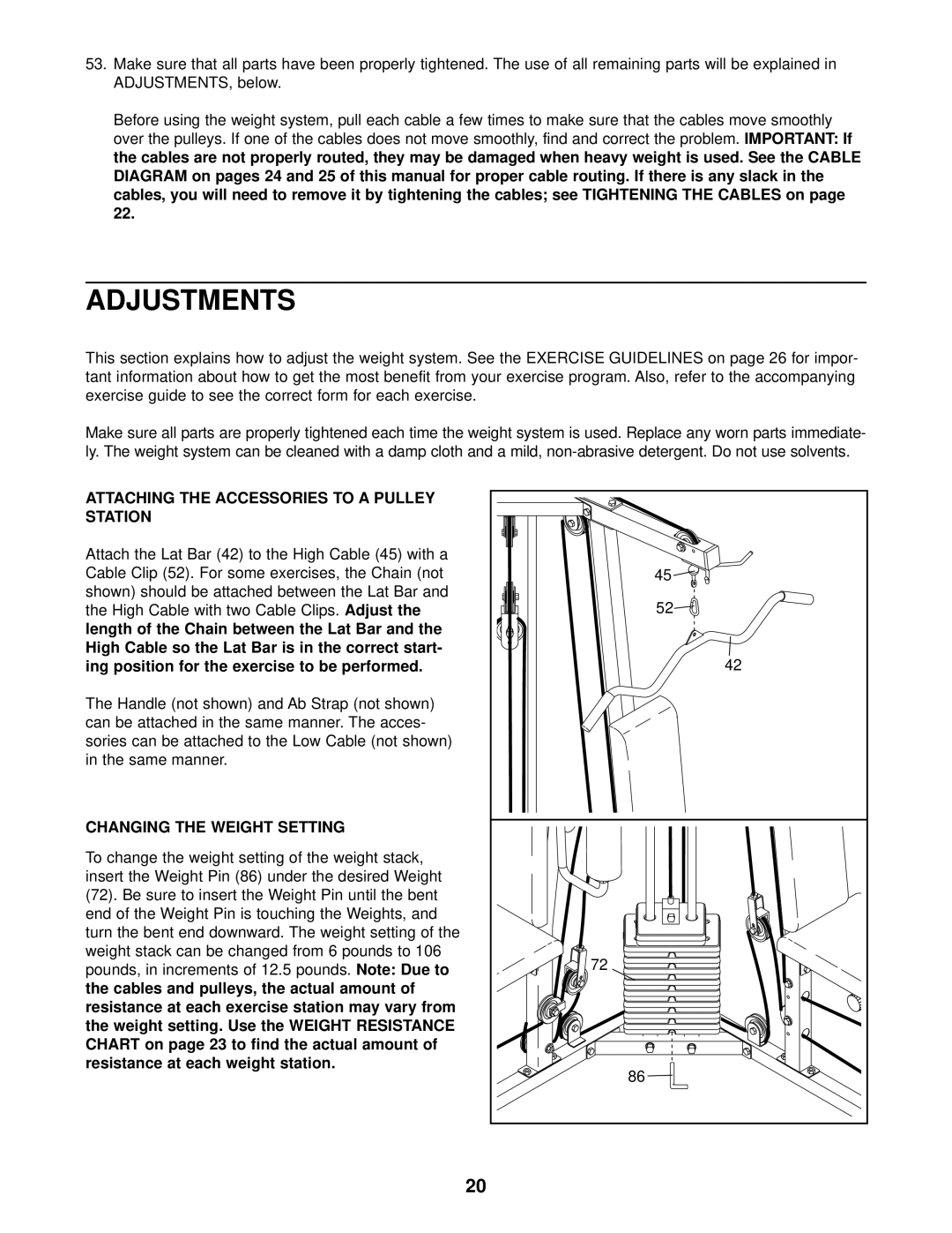 Weider WESY29520 user manual Adjustments, Attaching the Accessories to a Pulley Station, Changing the Weight Setting 