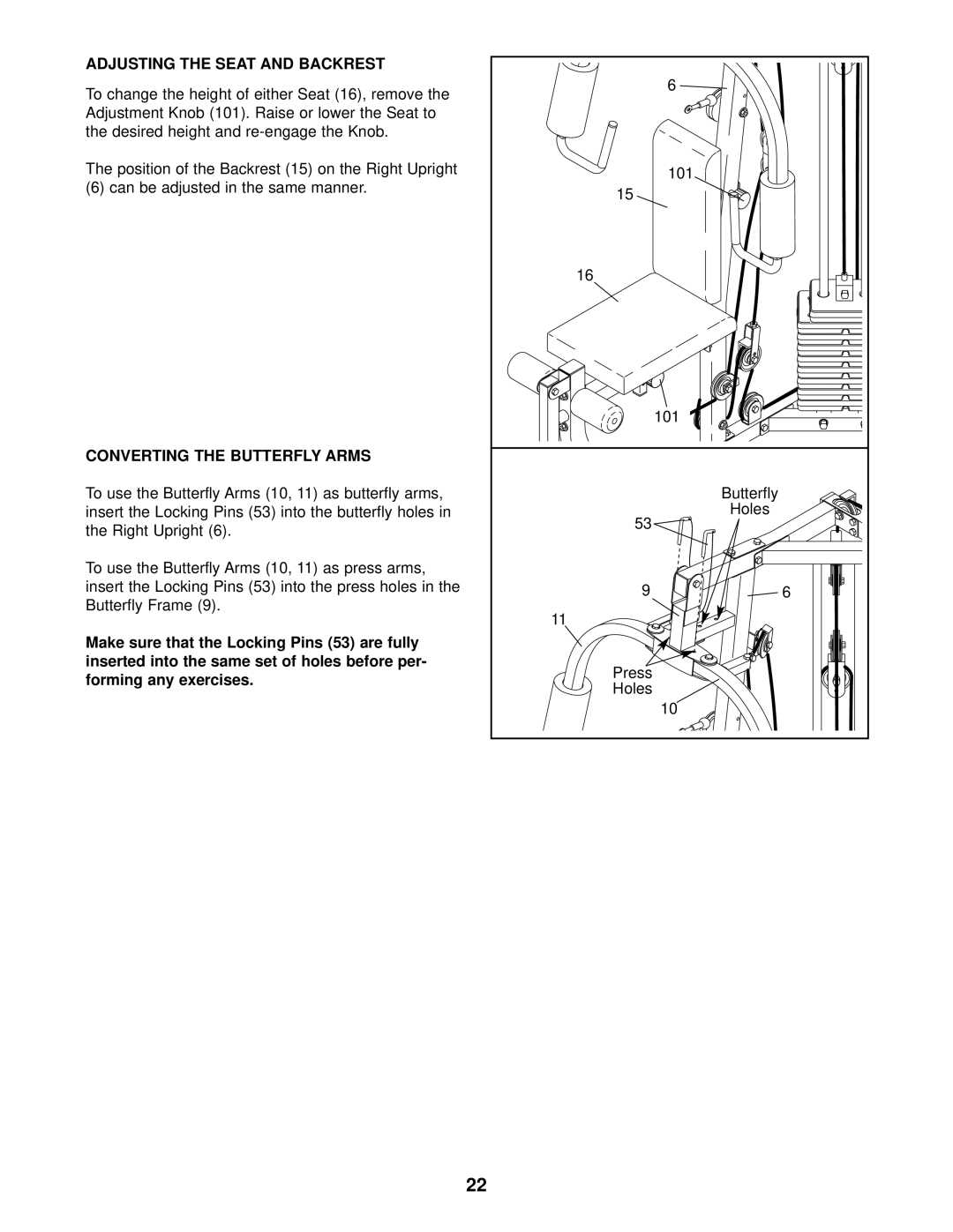 Weider WESY29520 user manual Adjusting the Seat and Backrest, Converting the Butterfly Arms 