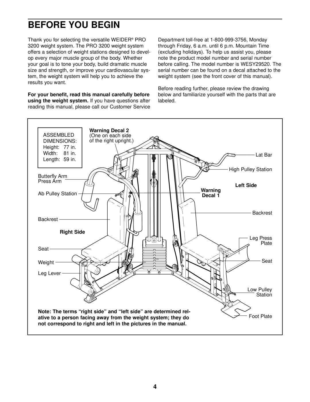 Weider WESY29520 user manual Before YOU Begin, Using the weight system, Left Side Decal, Right Side 