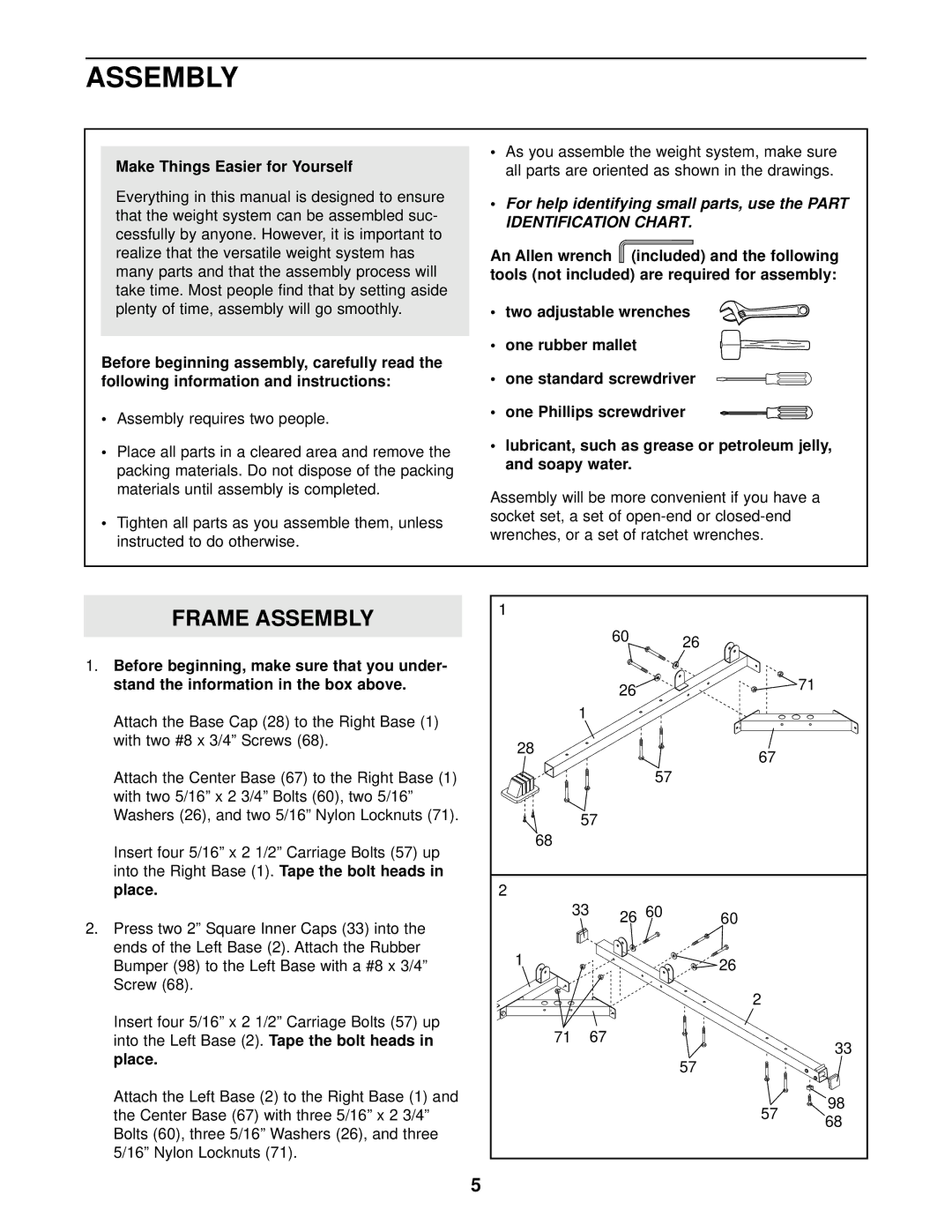 Weider WESY29520 user manual Frame Assembly, Make Things Easier for Yourself, Assembly requires two people 