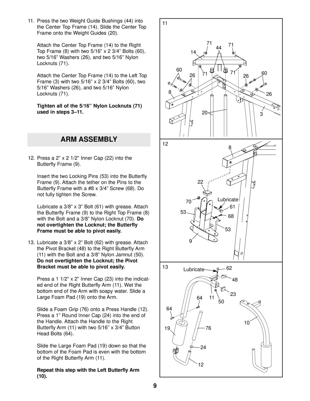 Weider WESY29520 user manual ARM Assembly, Repeat this step with the Left Butterfly Arm 