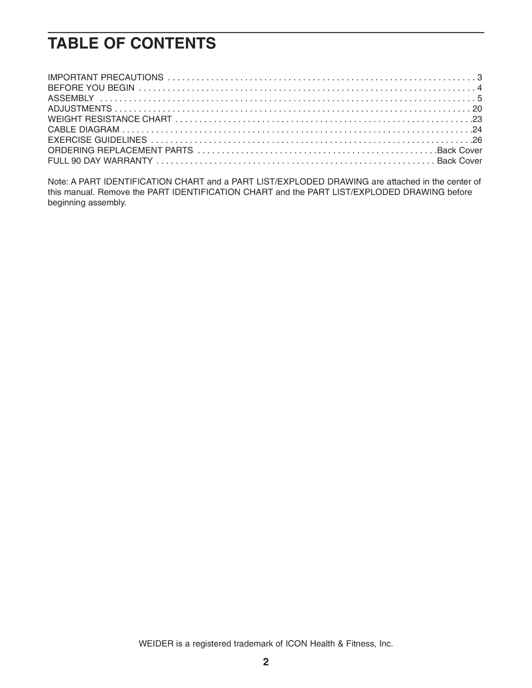 Weider WESY29521 user manual Table of Contents 