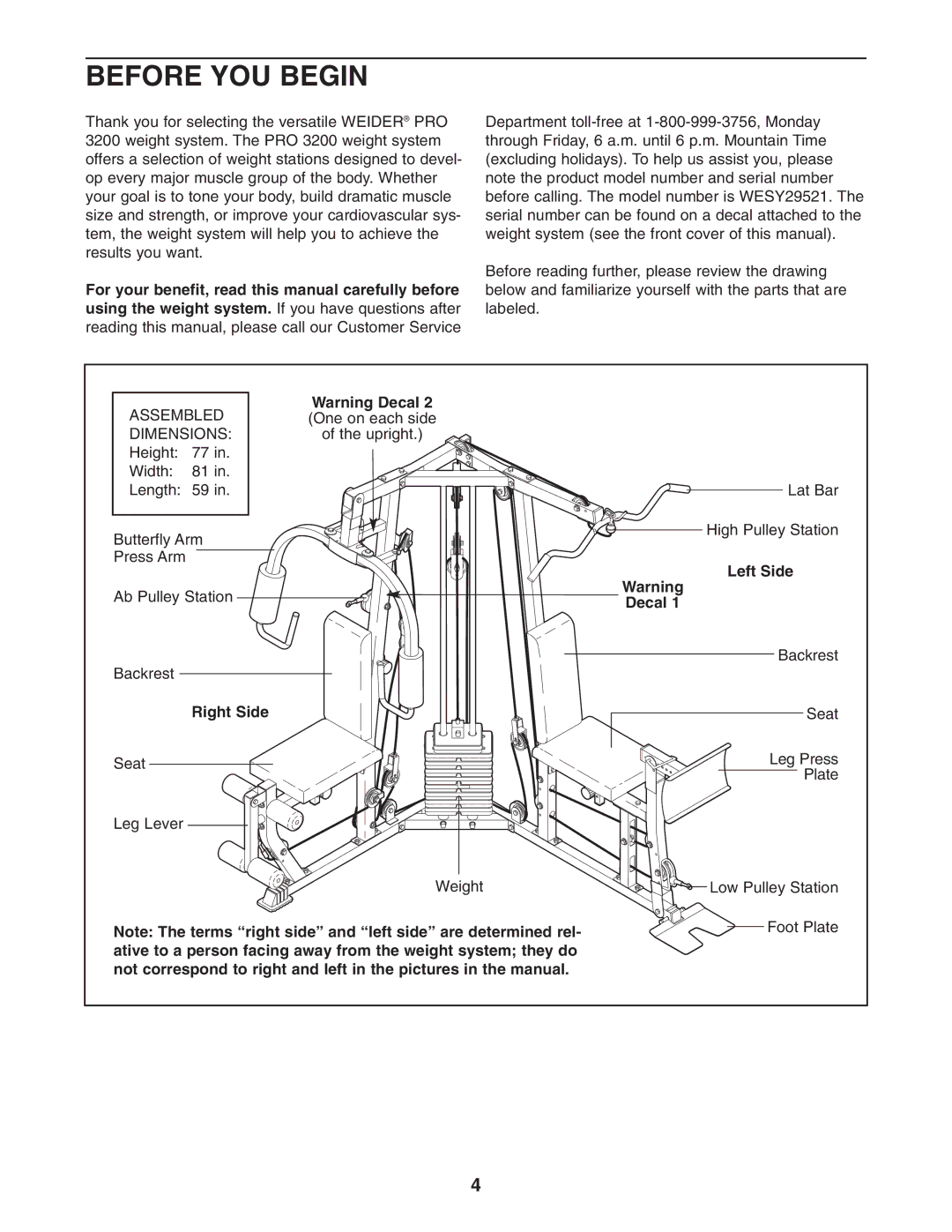 Weider WESY29521 user manual Before YOU Begin, Left Side, Right Side 