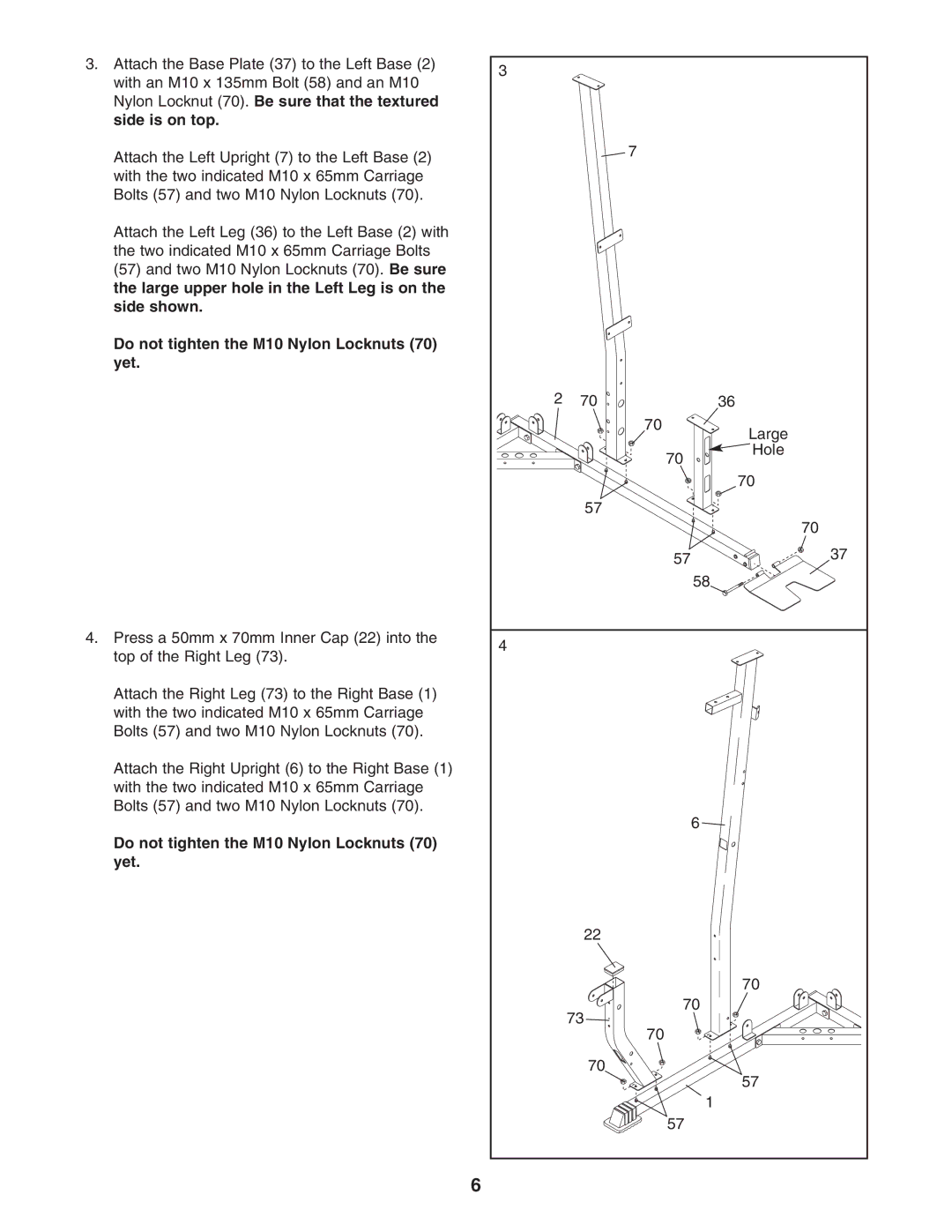 Weider WESY29521 user manual Do not tighten the M10 Nylon Locknuts 70 yet 