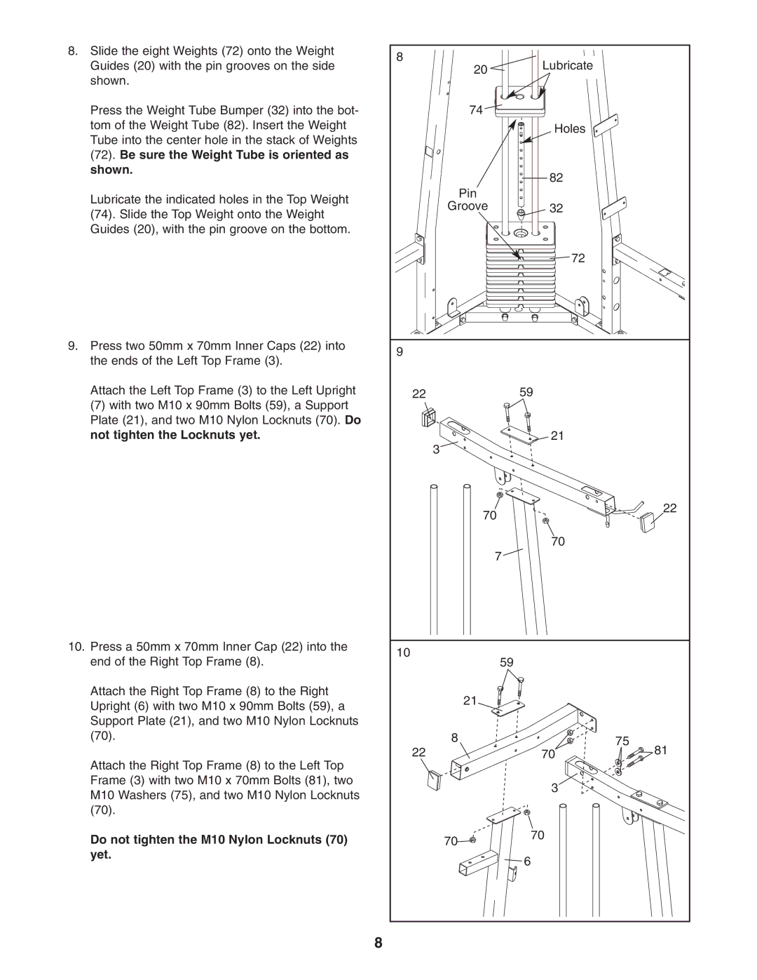 Weider WESY29521 user manual Lubricate Holes Pin Groove 