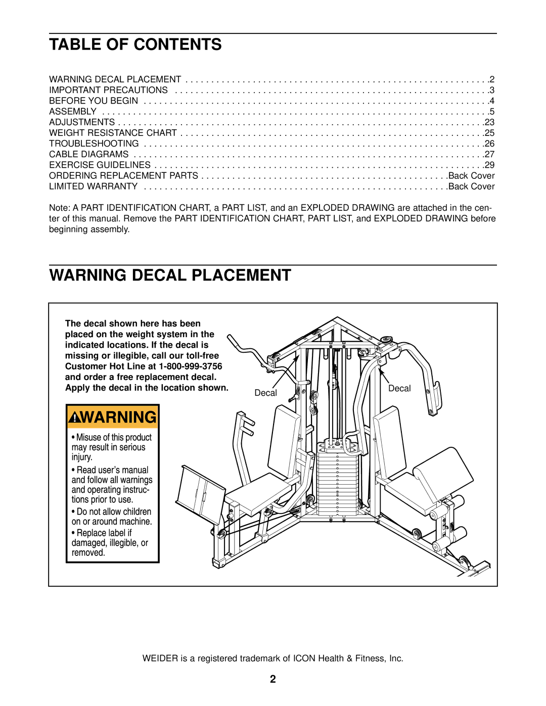 Weider WESY37530 user manual Table of Contents 