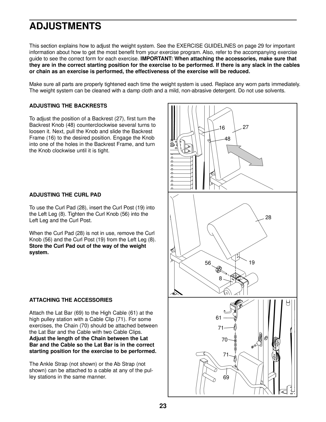 Weider WESY37530 user manual Adjustments, Adjusting the Backrests, Adjusting the Curl PAD, Attaching the Accessories 