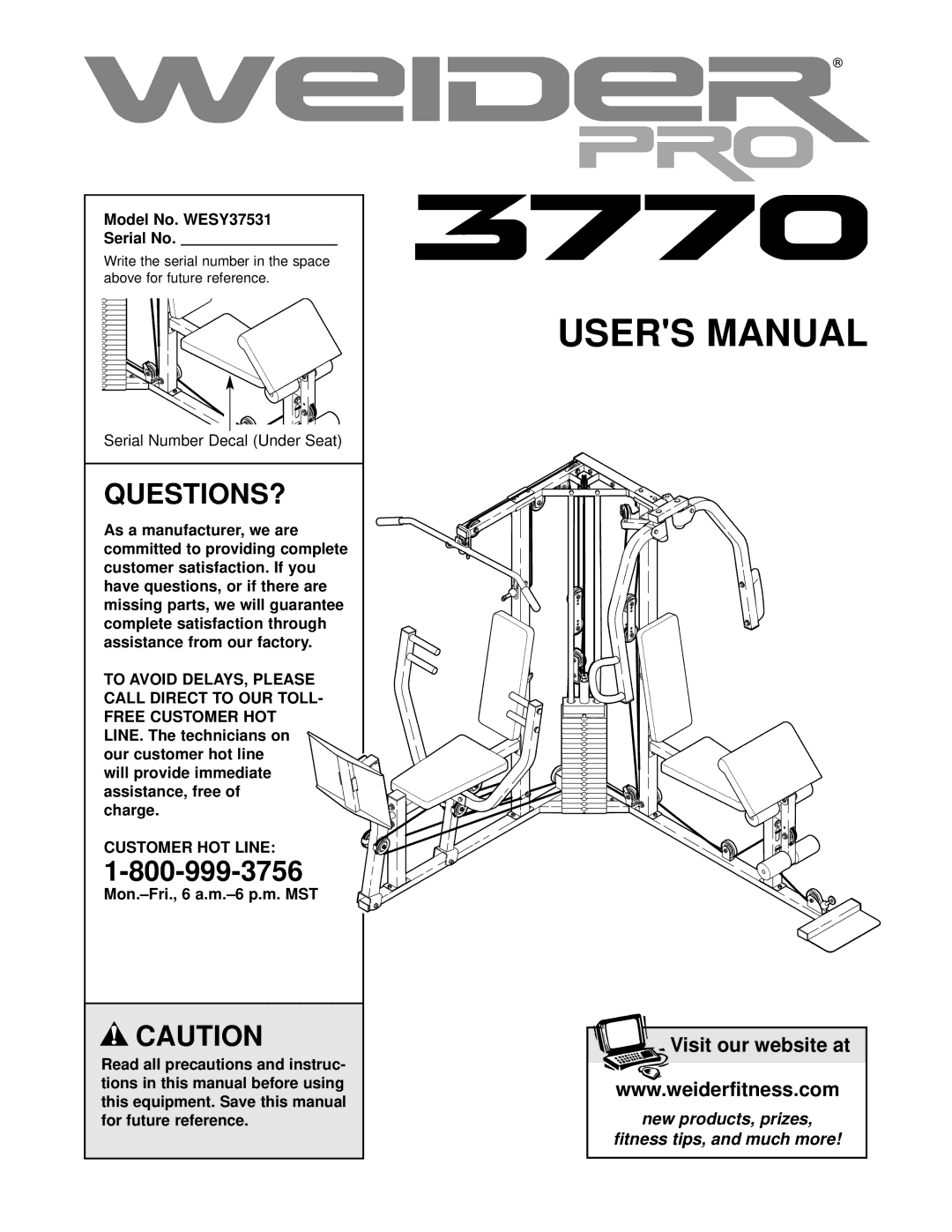 Weider user manual Questions?, Model No. WESY37531 Serial No 