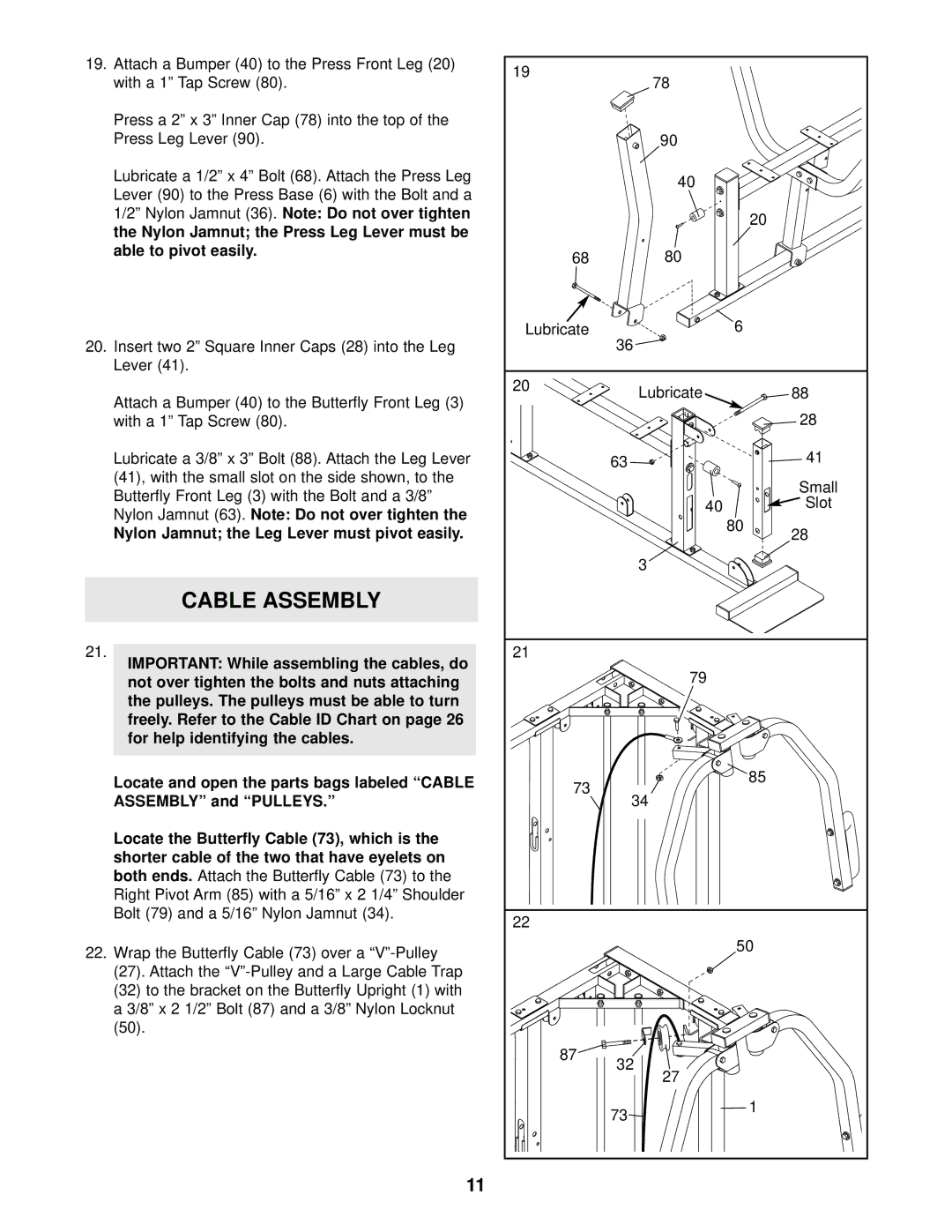 Weider WESY37531 user manual Cable Assembly, Nylon Jamnut the Leg Lever must pivot easily 