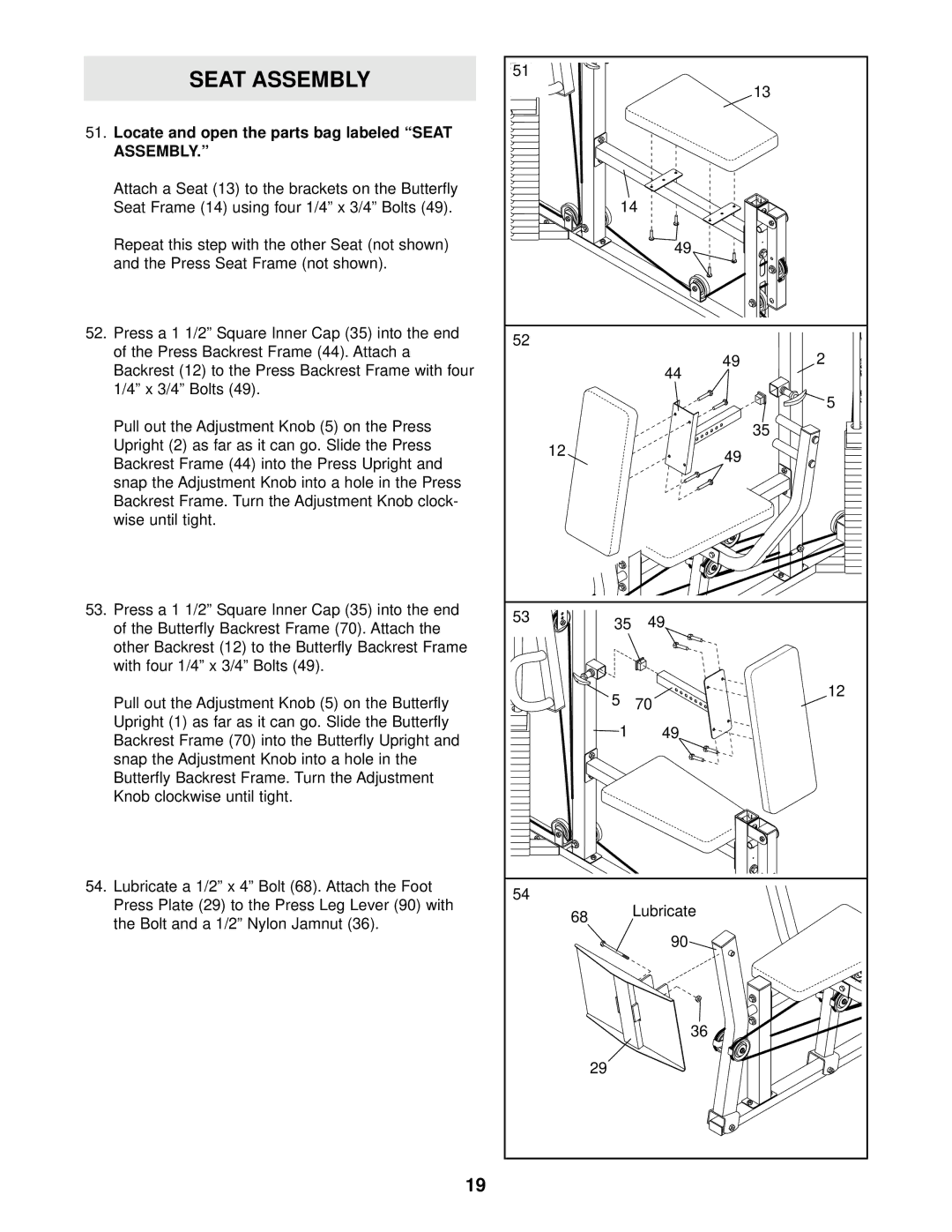 Weider WESY37531 user manual Locate and open the parts bag labeled Seat Assembly 