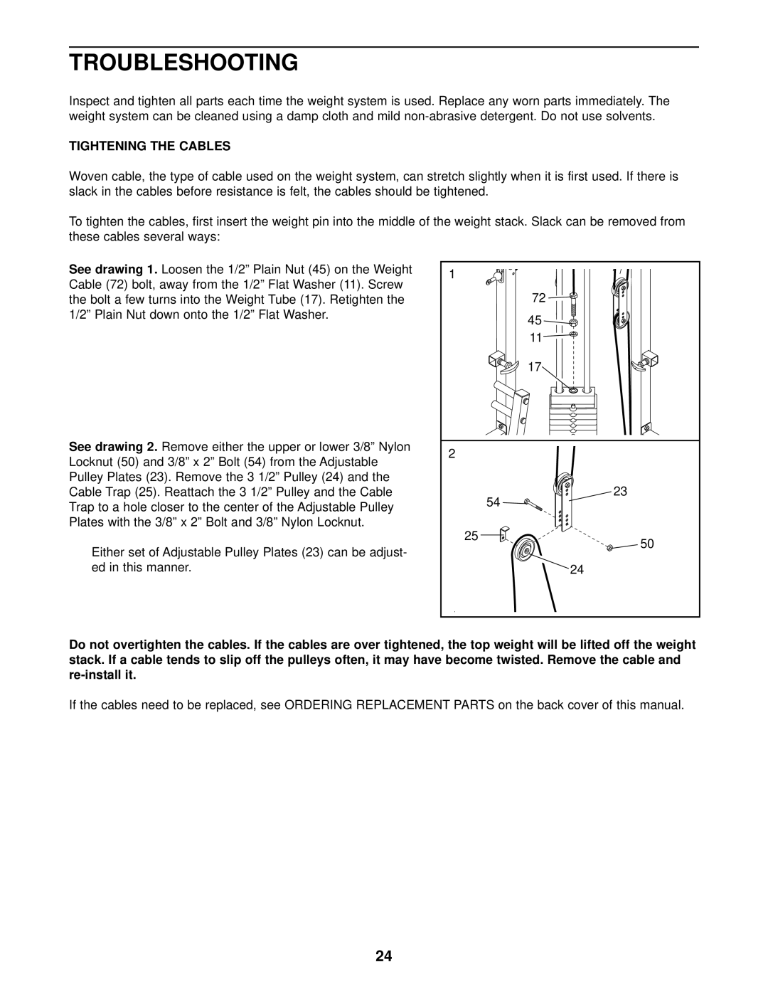 Weider WESY37531 user manual Troubleshooting, Tightening the Cables 