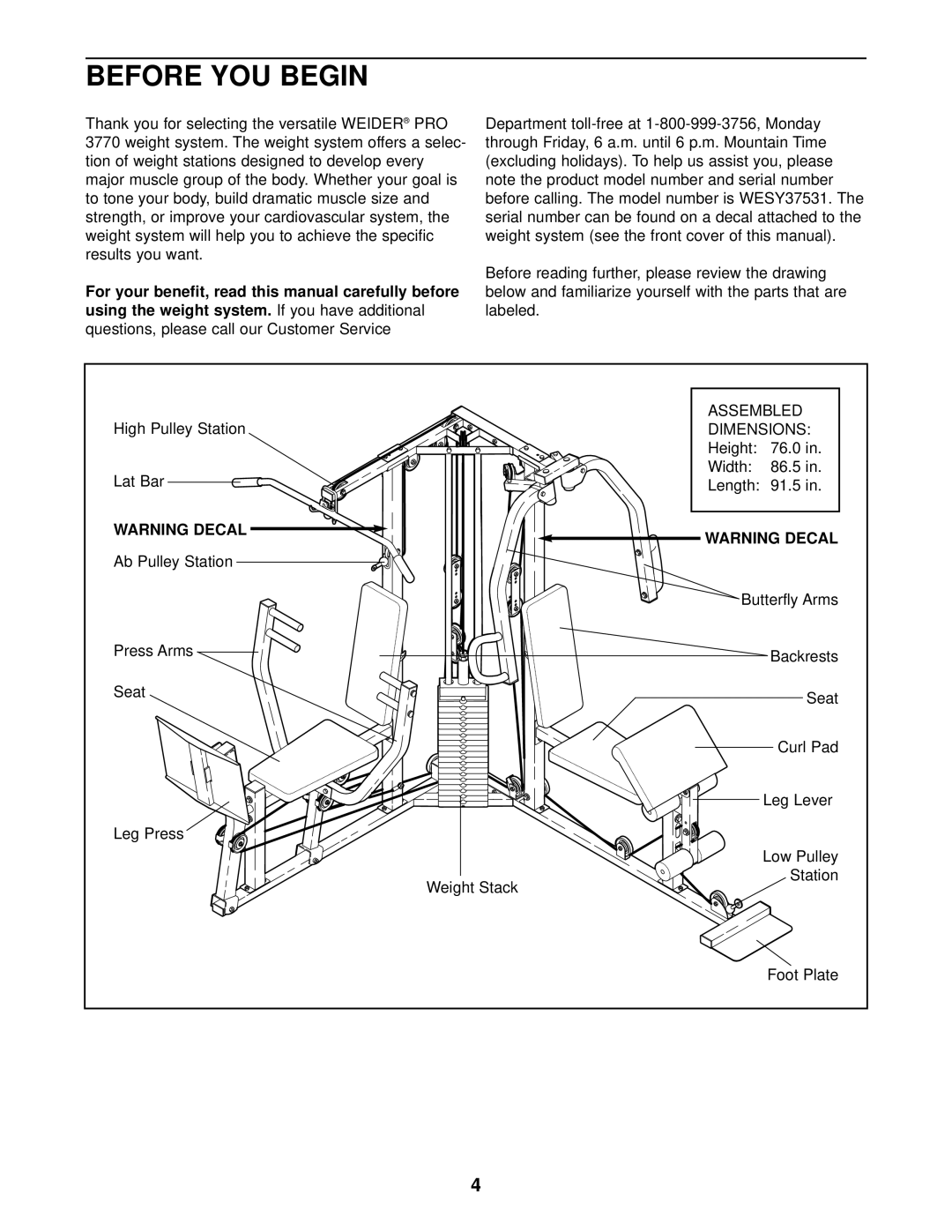 Weider WESY37531 user manual Before YOU Begin, For your benefit, read this manual carefully before 