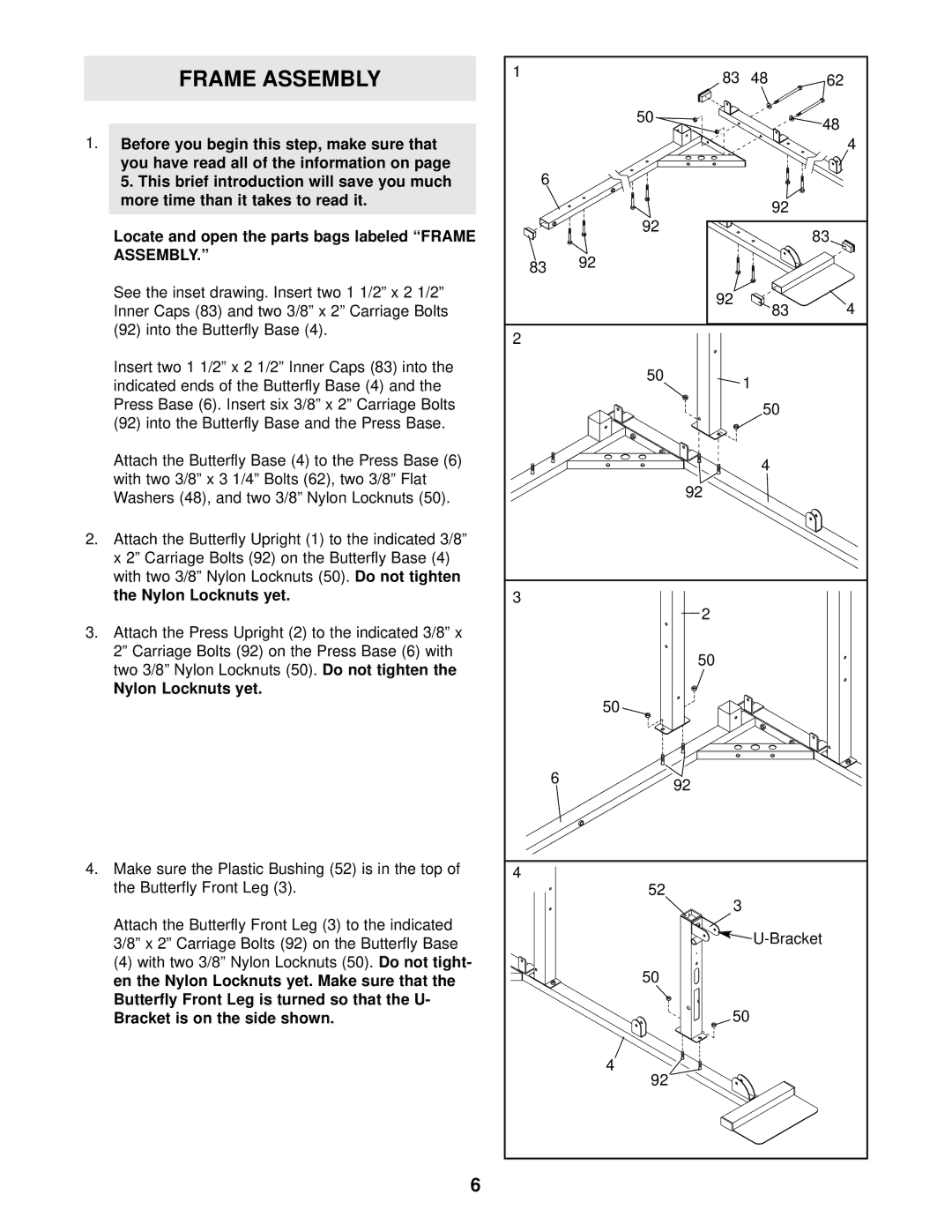 Weider WESY37531 user manual Frame Assembly, Nylon Locknuts yet 