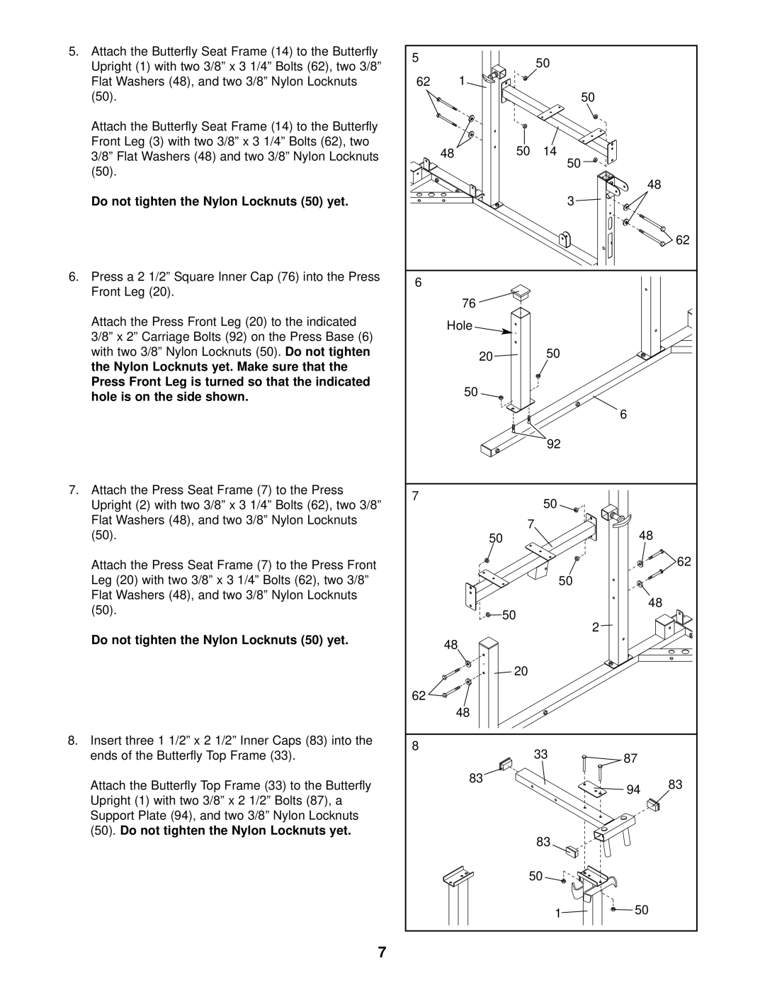 Weider WESY37531 user manual Do not tighten the Nylon Locknuts 50 yet 