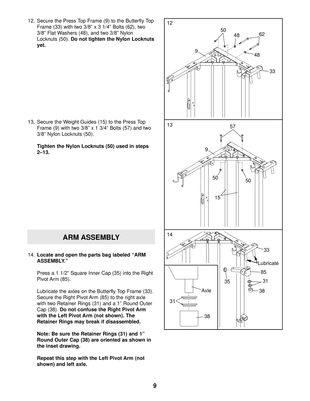 Weider WESY37531 Tighten the Nylon Locknuts 50 used in steps, Locate and open the parts bag labeled ARM Assembly 