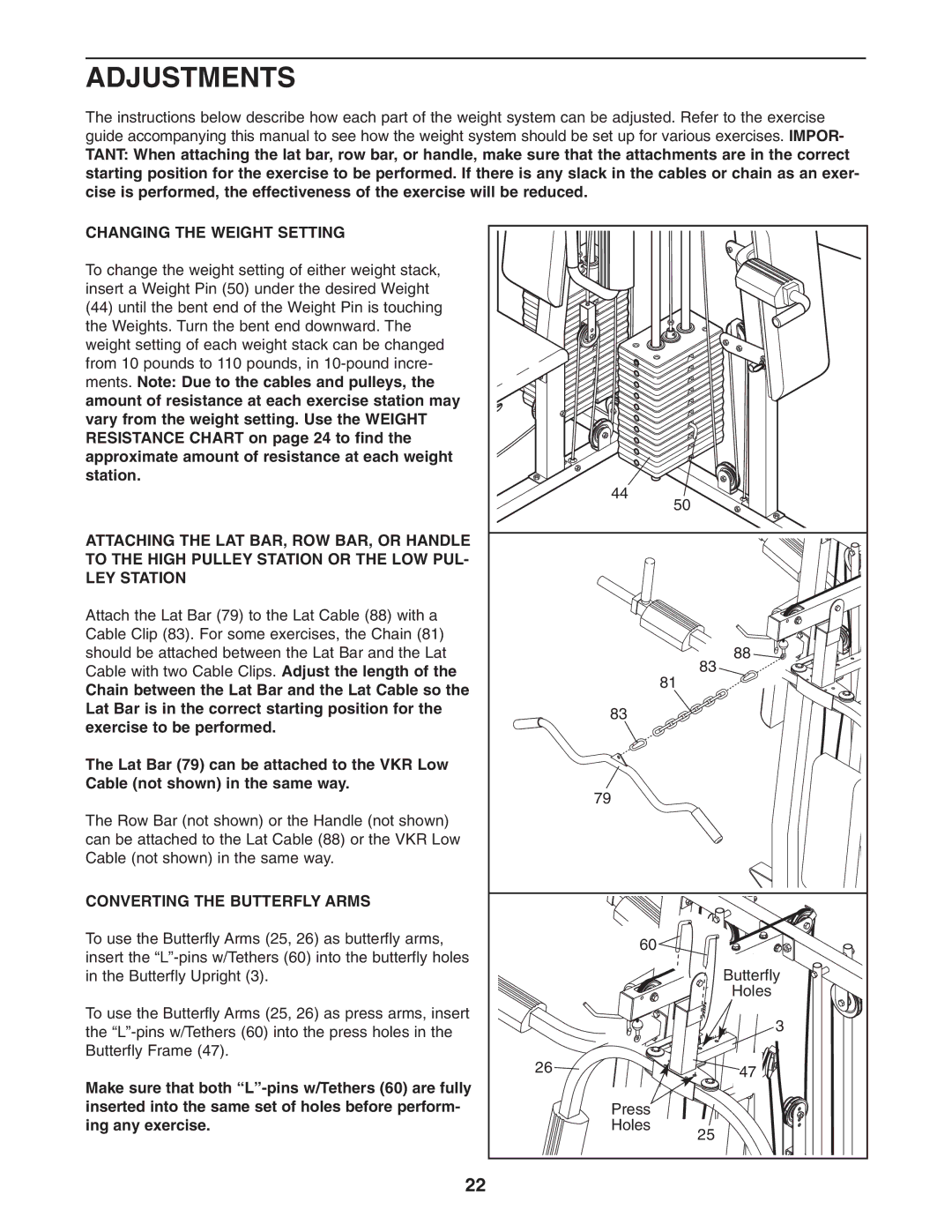 Weider WESY38320 user manual Adjustments, Changing the Weight Setting, Converting the Butterfly Arms, Ing any exercise 