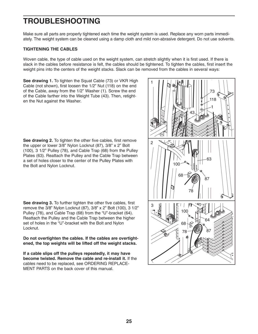 Weider WESY38320 user manual Troubleshooting, Tightening the Cables 