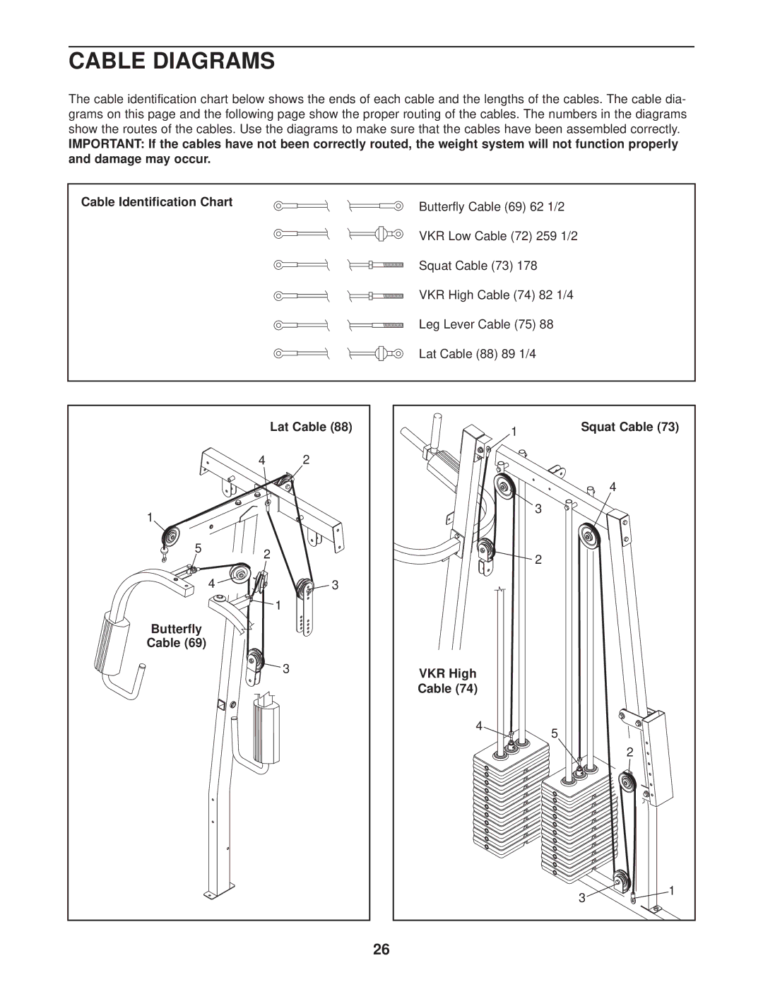 Weider WESY38320 user manual Cable Diagrams, Lat Cable, Butterfly Cable Squat Cable VKR High 