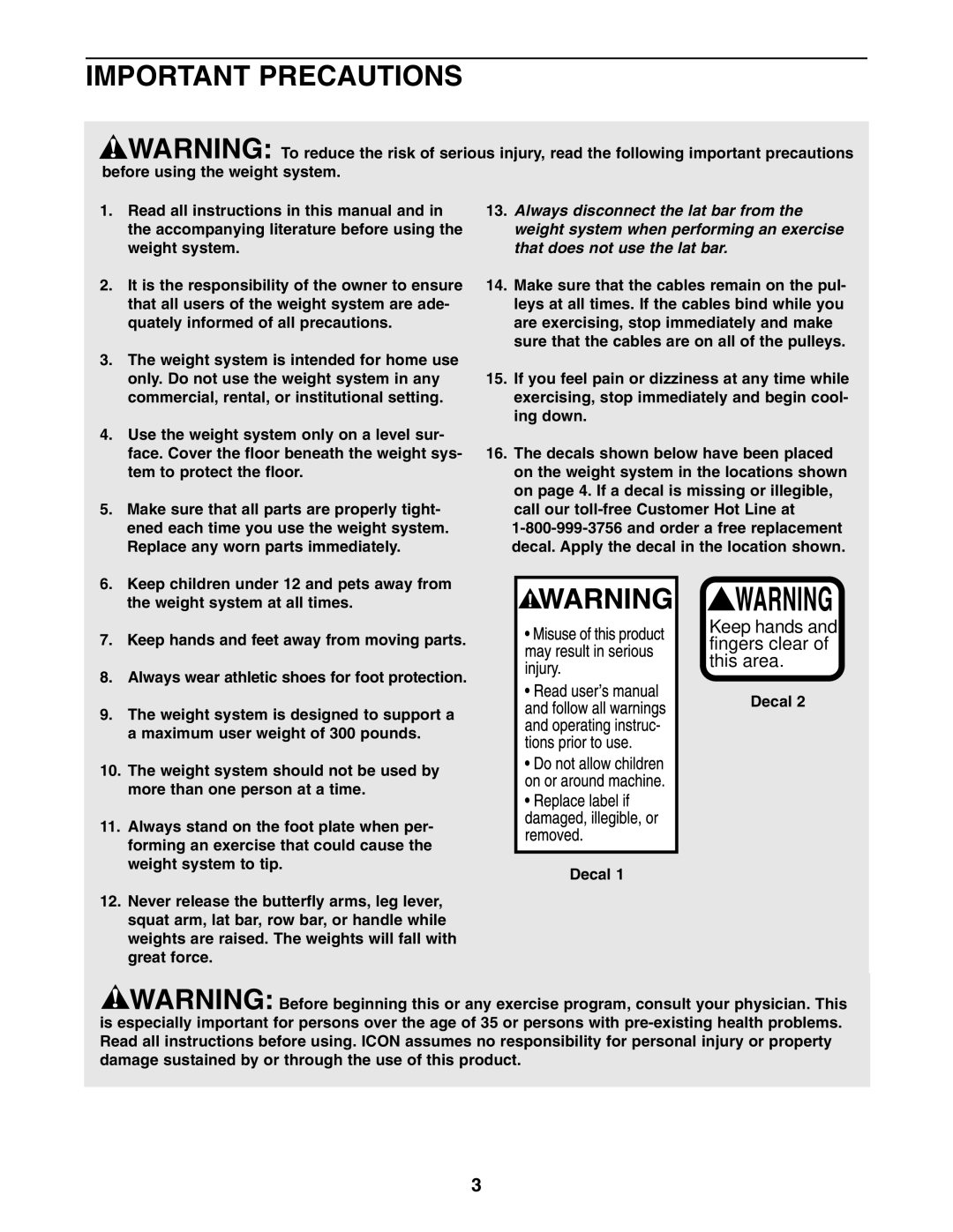 Weider WESY38320 user manual Important Precautions, Decal 