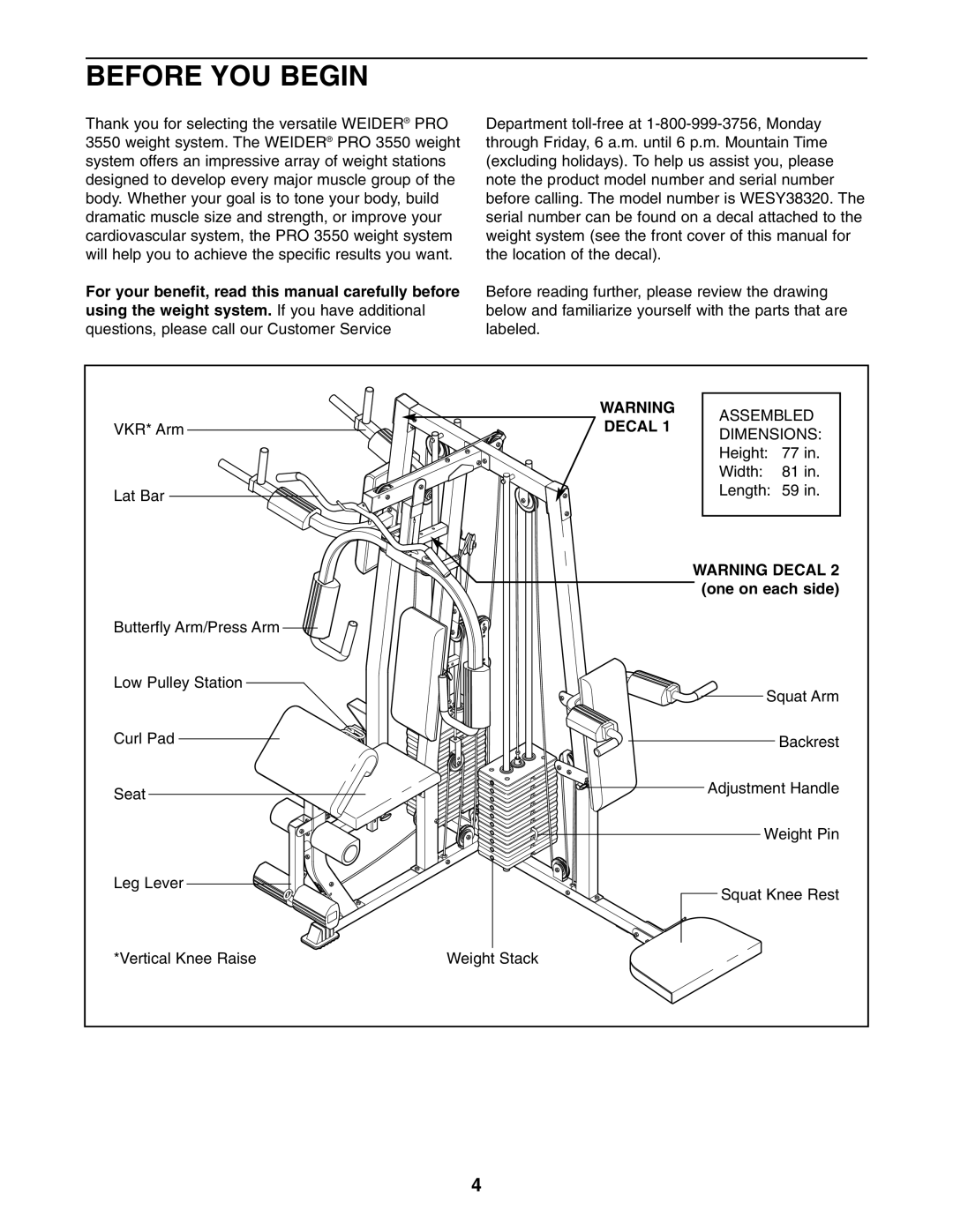 Weider WESY38320 user manual Before YOU Begin, Decal, One on each side 