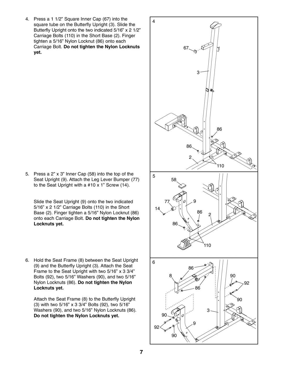 Weider WESY38320 user manual Do not tighten the Nylon Locknuts yet 