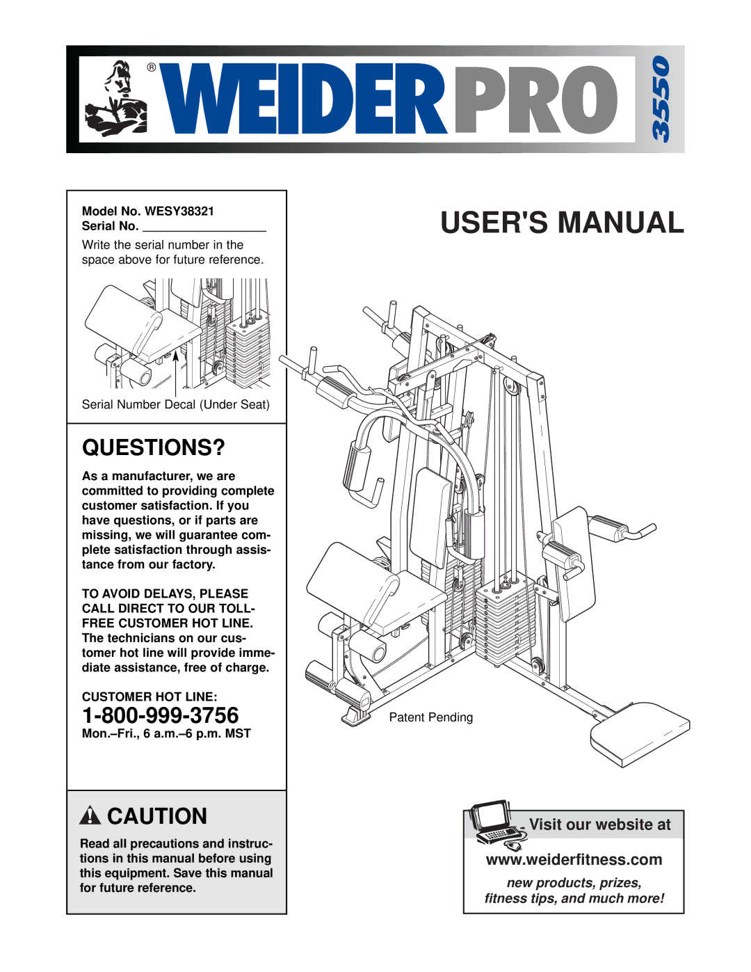 Weider user manual Questions?, Model No. WESY38321 Serial No, Customer HOT Line 