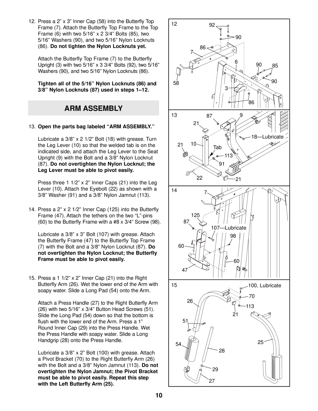 Weider WESY38321 user manual Open the parts bag labeled ARM Assembly 