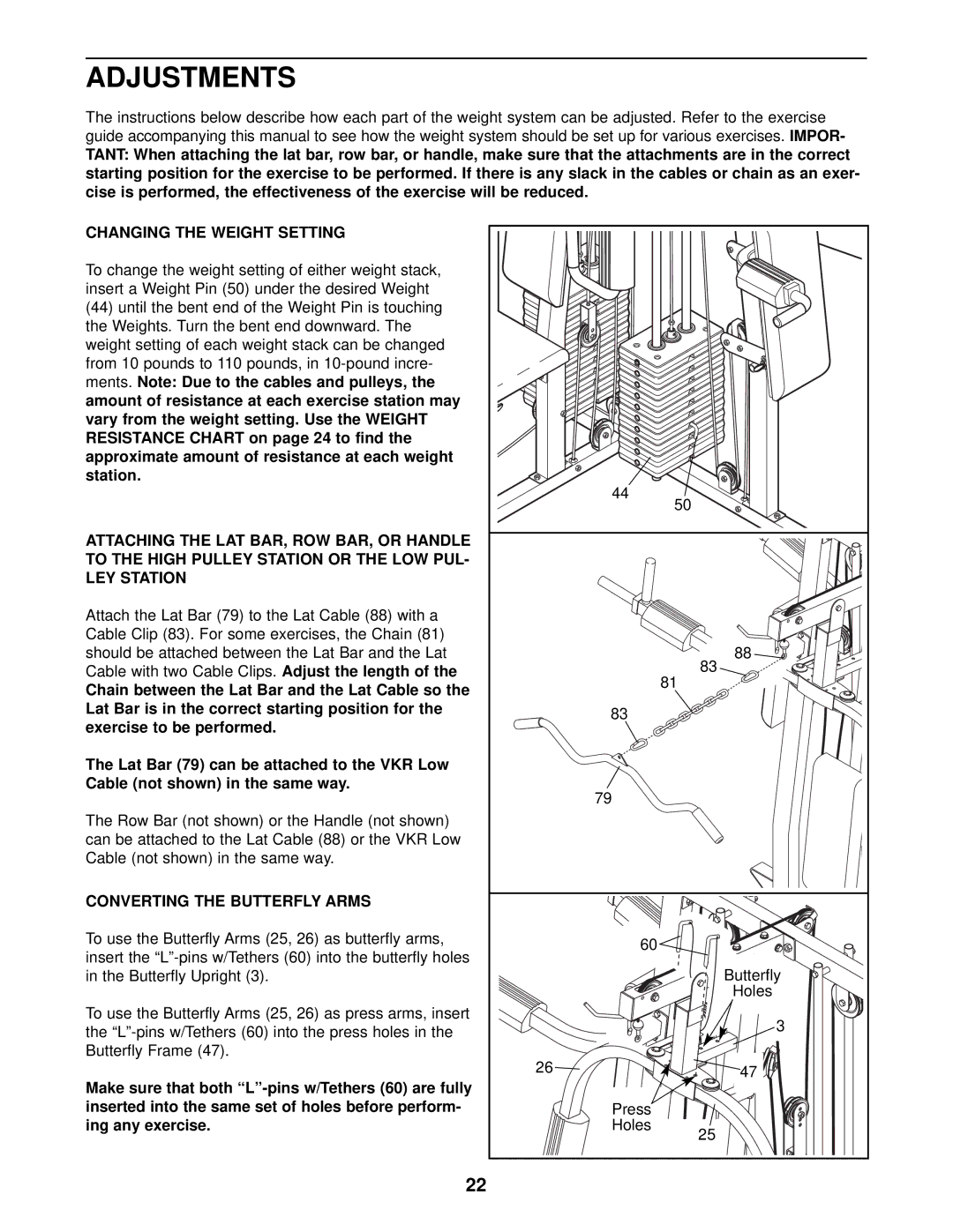 Weider WESY38321 user manual Adjustments, Changing the Weight Setting, Converting the Butterfly Arms 