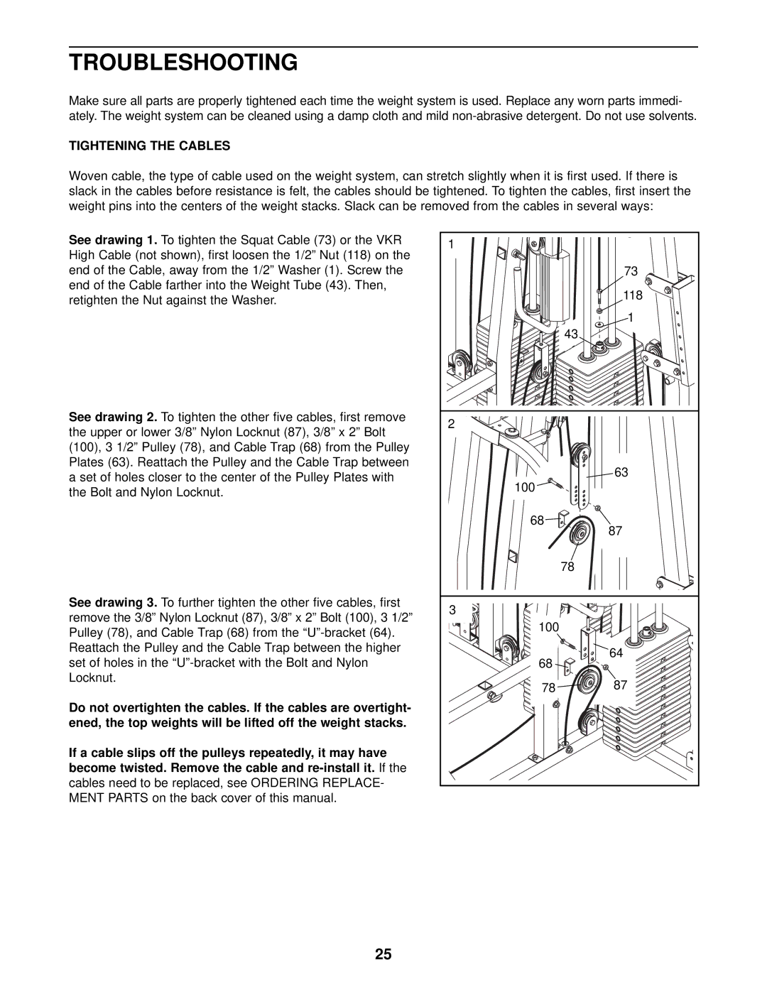 Weider WESY38321 user manual Troubleshooting, Tightening the Cables 