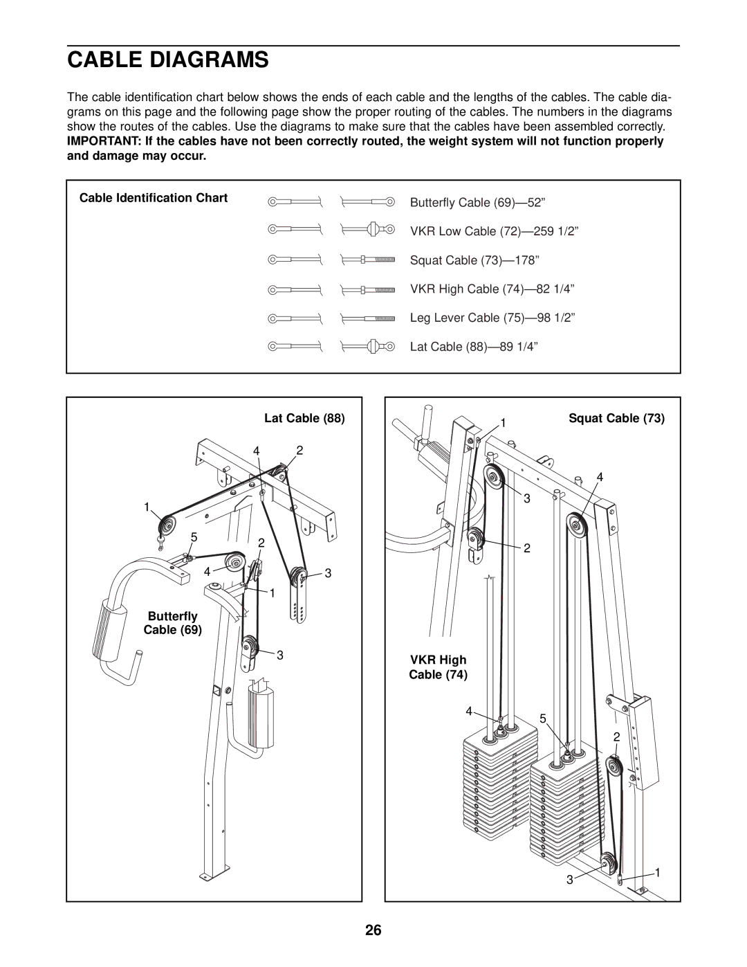 Weider WESY38321 user manual Cable Diagrams, Lat Cable, Butterfly Cable Squat Cable VKR High 