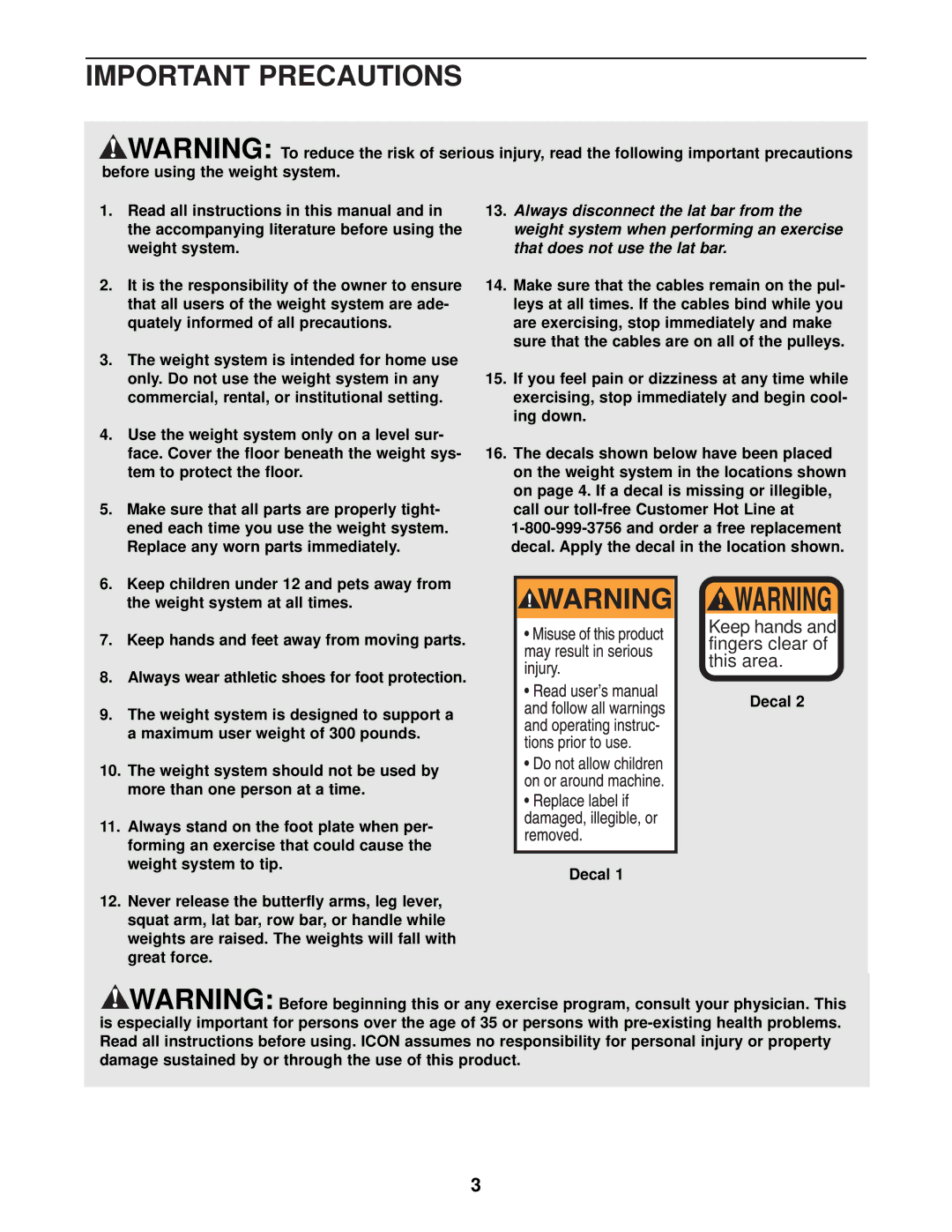 Weider WESY38321 user manual Important Precautions, Decal 