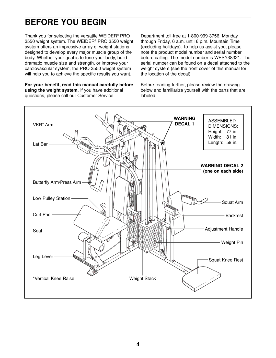 Weider WESY38321 user manual Before YOU Begin, For your benefit, read this manual carefully before, Decal, One on each side 