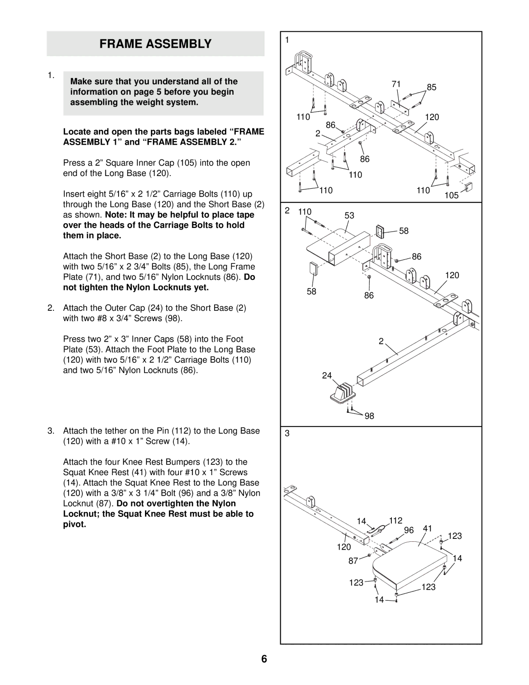 Weider WESY38321 user manual Frame Assembly, Locknut the Squat Knee Rest must be able to pivot 