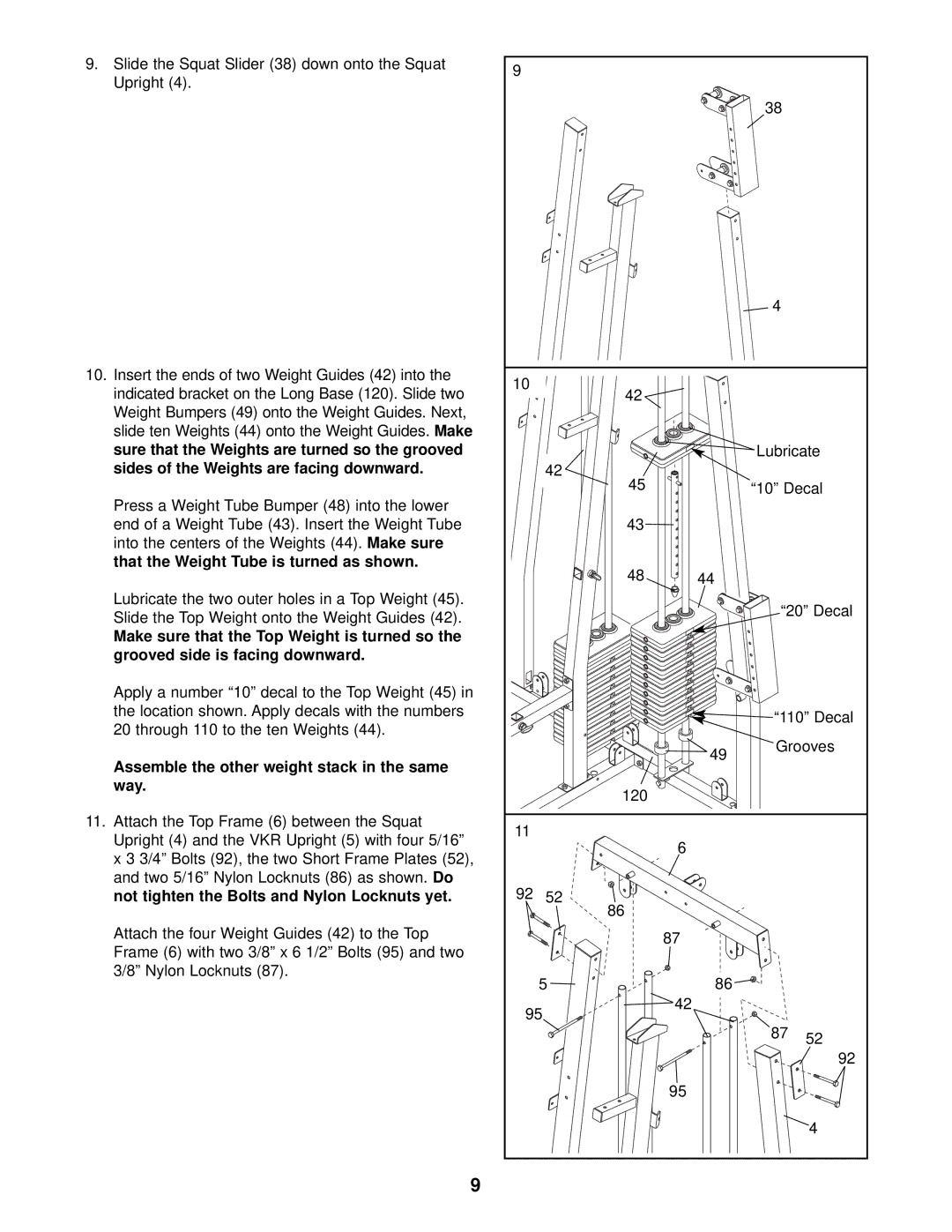 Weider WESY38321 user manual Assemble the other weight stack in the same way 