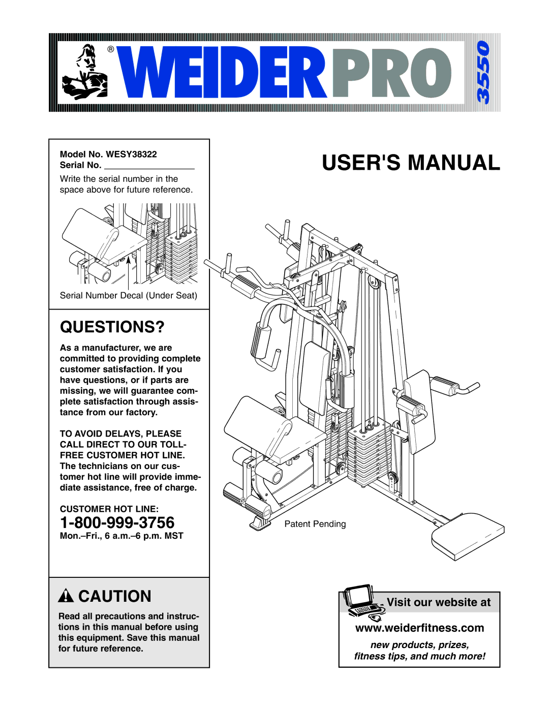 Weider user manual Questions?, Model No. WESY38322 Serial No, Customer HOT Line 