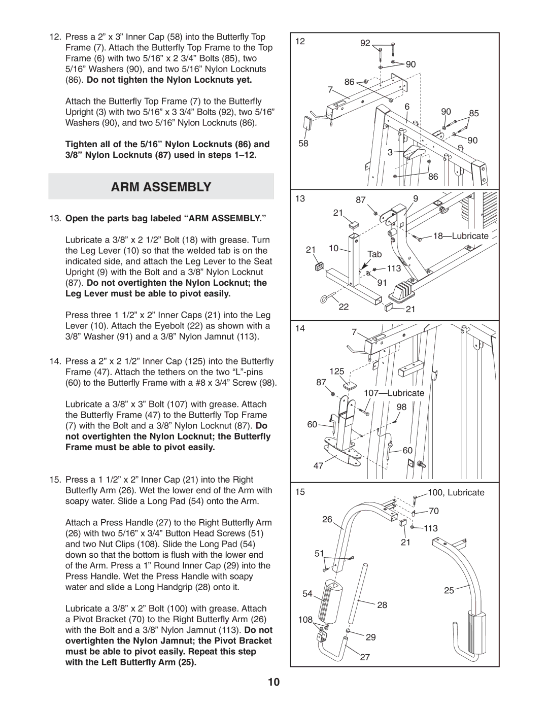 Weider WESY38322 user manual Open the parts bag labeled ARM Assembly 