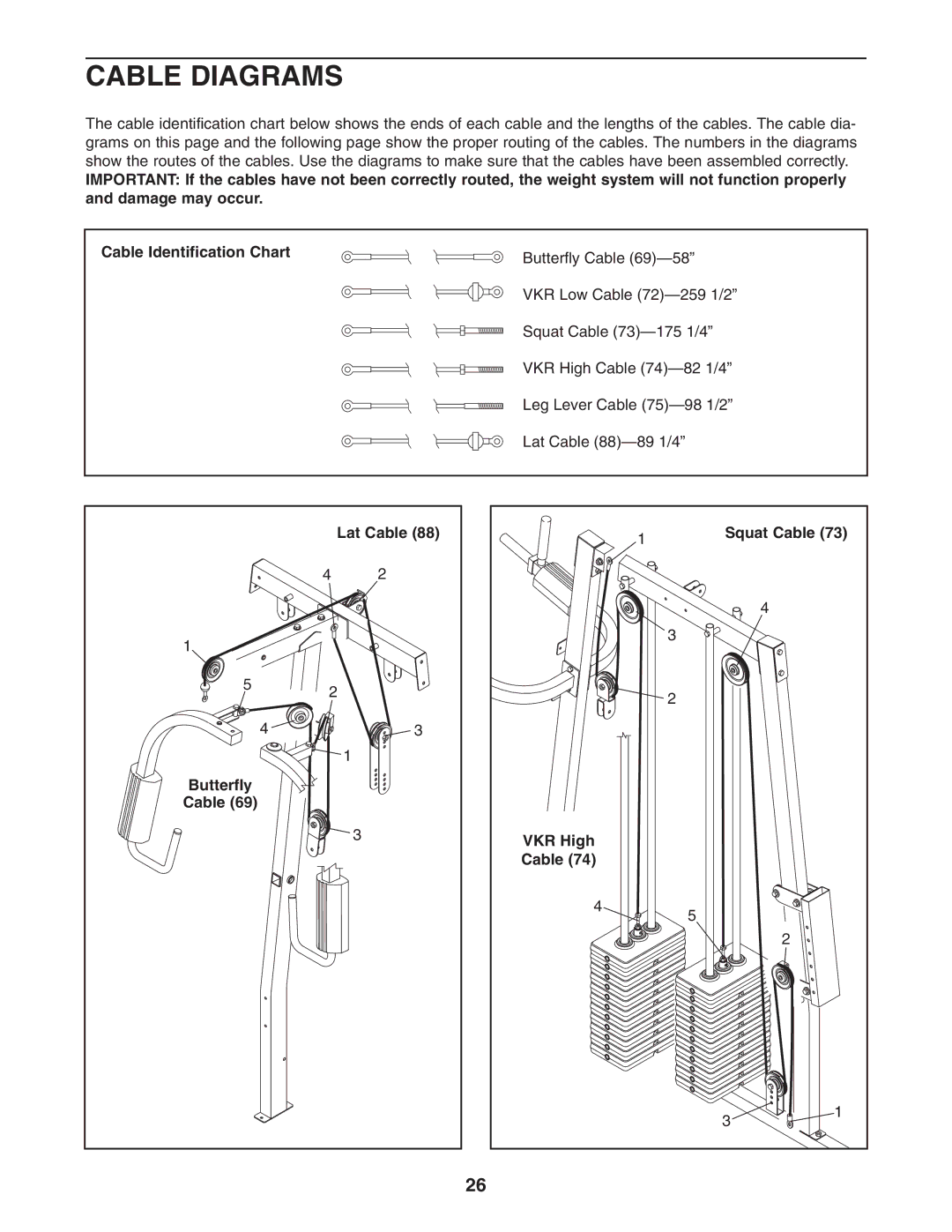 Weider WESY38322 user manual Cable Diagrams, Lat Cable, Butterfly Cable Squat Cable VKR High 